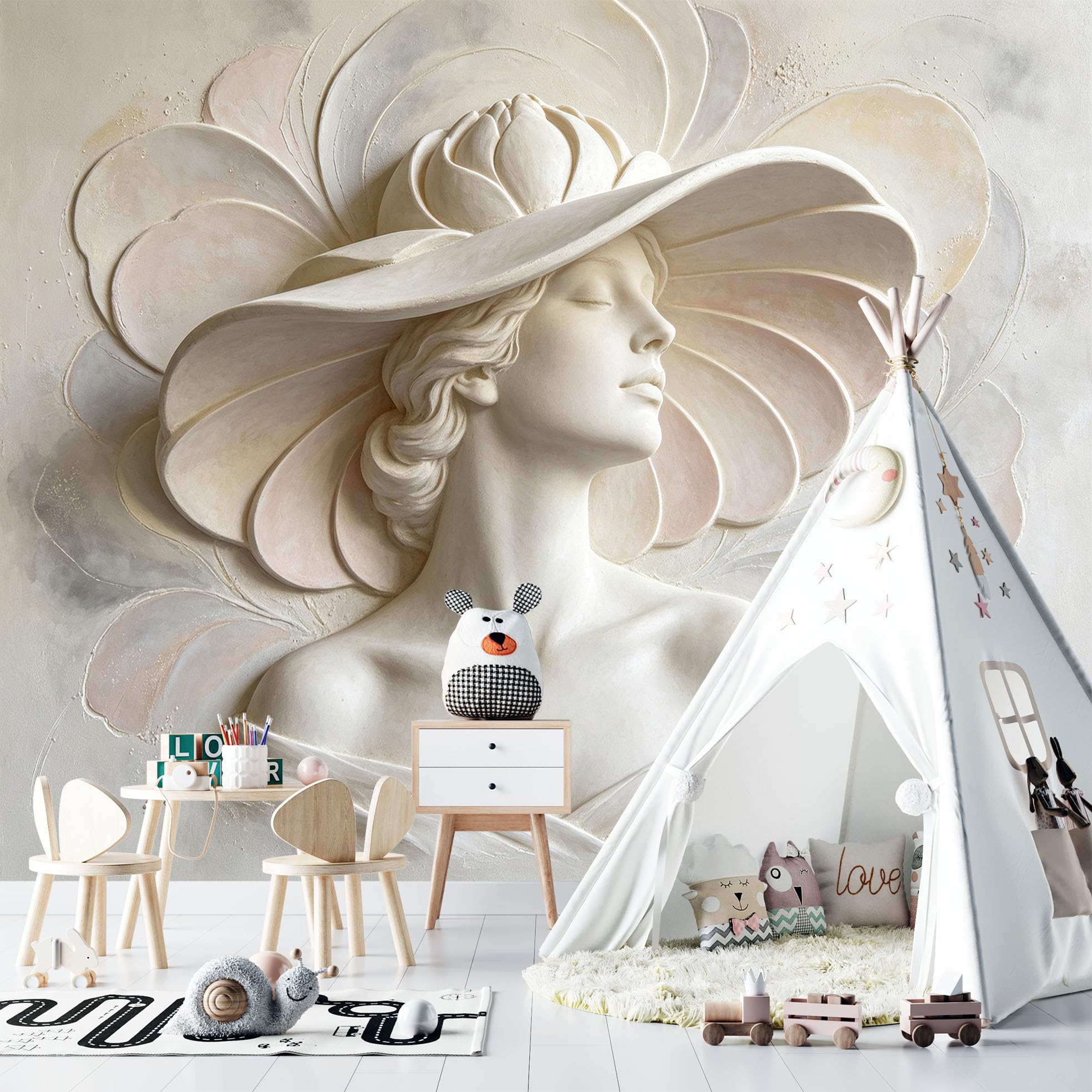 Papier Peint Intissé Fresque Murale Représentant Une Femme Élégante Coiffée D'Un Chapeau À Larges Bords Fleuri 200 x 140 cm Effet Photo 3D Moderne Décoration Fresque Murale pour Salon et Cham