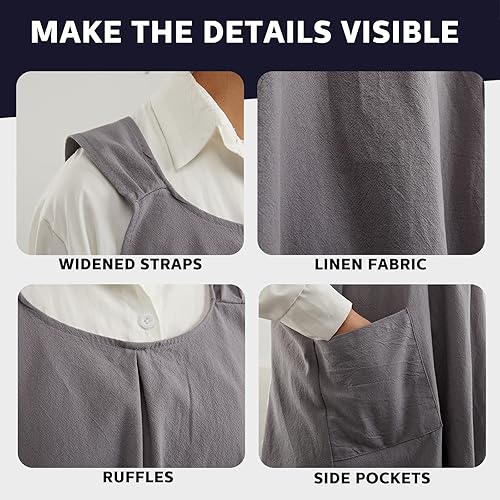 Miniatura 4 de JaGely Paquete de 2 delantales de cocina de lino japonés con espalda cruzada para mujeres y hombres con 2 bolsillos, lindo vestido de jardinería