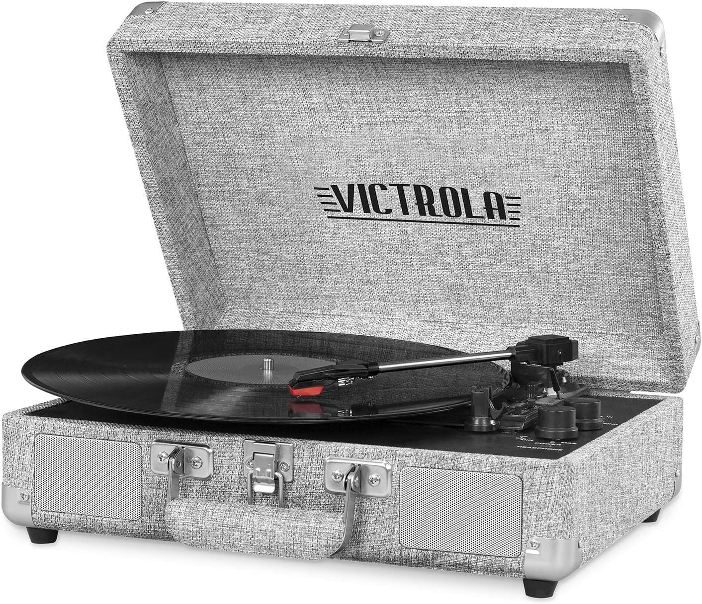 Journey Bluetooth Portable Suitcase Record Player – with Built-in Speakers, 3 Speed Vinyl Record Player, RCA Out, Headphone Jack (Light Gray)