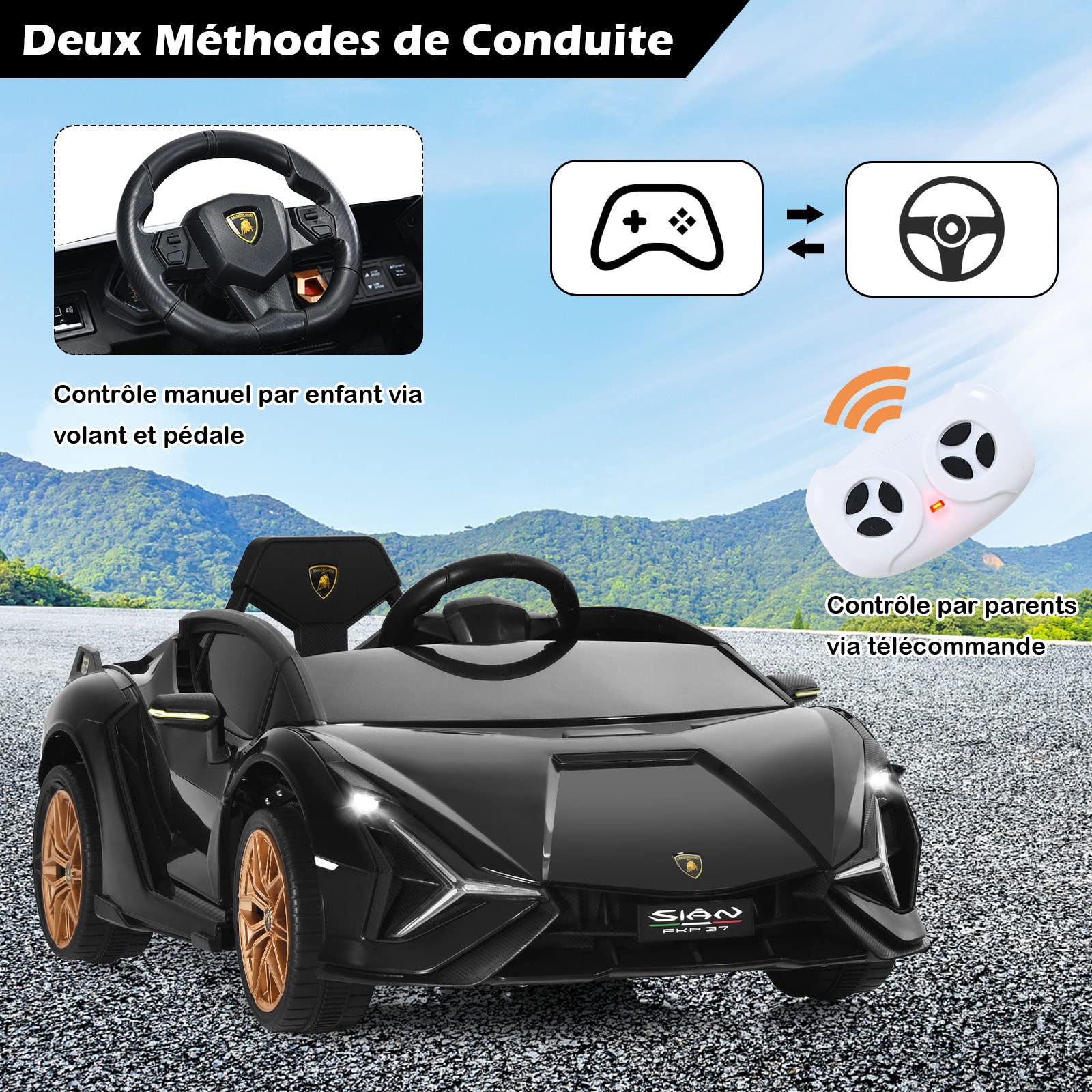GOPLUS 12V Voiture Electrique Enfants Lamborghini avec Télécommande 2,4G,Véhicule Electrique Enfants 3-8 Ans avec Portes Papillon LED/Musique/USB,3-5 KM/H,Charge 25KG(Noir)