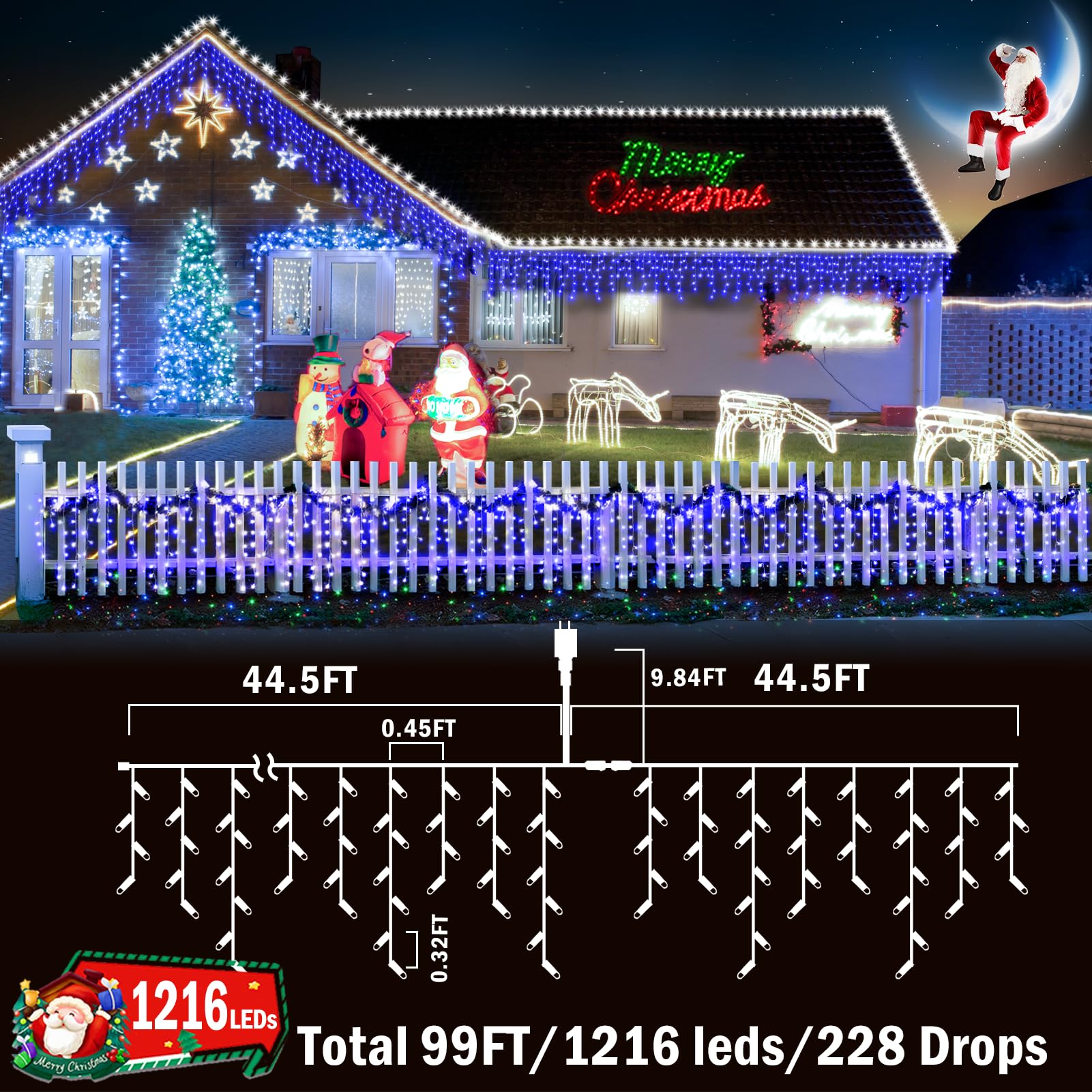 KNONEW Luces LED de Navidad, 100 pies 1216 LED 8 modos, cortina de hadas de alambre transparente LED String Decoración para Navidad, Acción de Gracias Halloween Fiesta Fondos Decoraciones (azul)