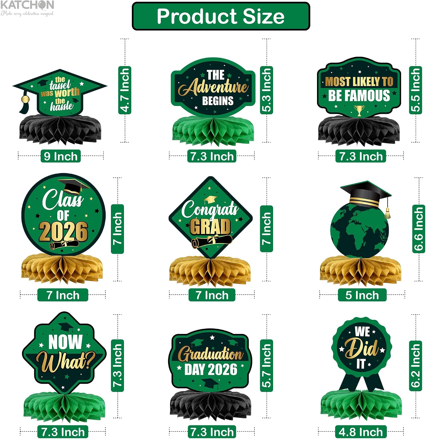 KatchOn, Green and Gold Graduation Centerpieces for Tables 2026 - Pack of 9 | Gold Graduation Centerpieces 2026 for Graduation Decorations 2026 | Green and Gold 2026 Graduation Decorations