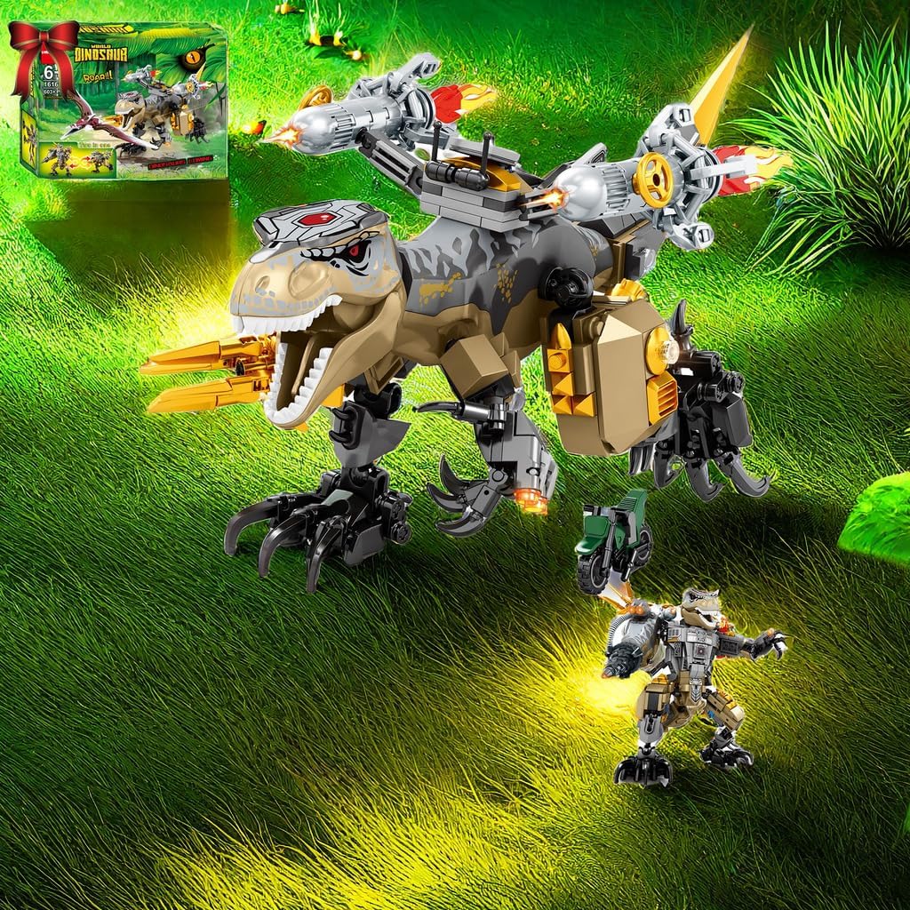 Close-up details of the T-Rex building block, showing movable head/mouth, flexible joints, transformable weapon, steady feet, and adjustable tail.