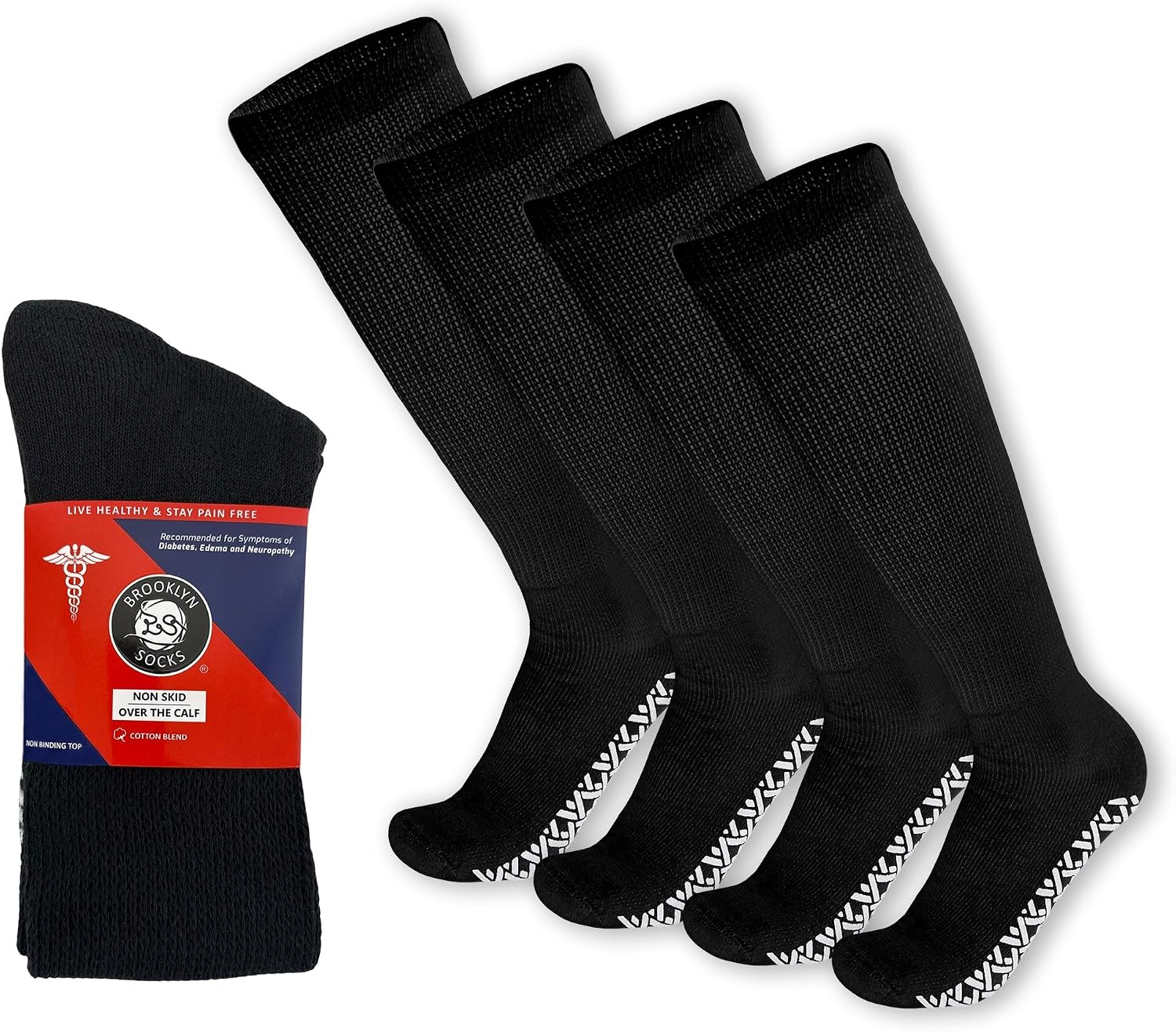 4 Pairs of Non-Skid Over-The-Calf Diabetic Cotton Socks with Non Binding Top (Black, Fits US Men's Shoe size 9-12)