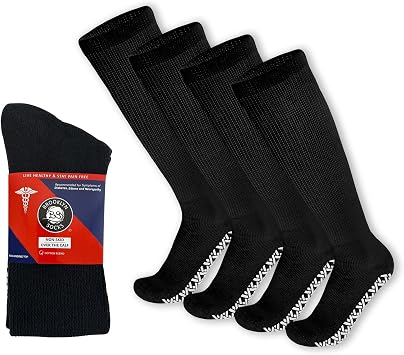 4 Pairs of Non-Skid Over-The-Calf Diabetic Cotton Socks with Non Binding Top Black, Fits US Mens Shoe size 9-12