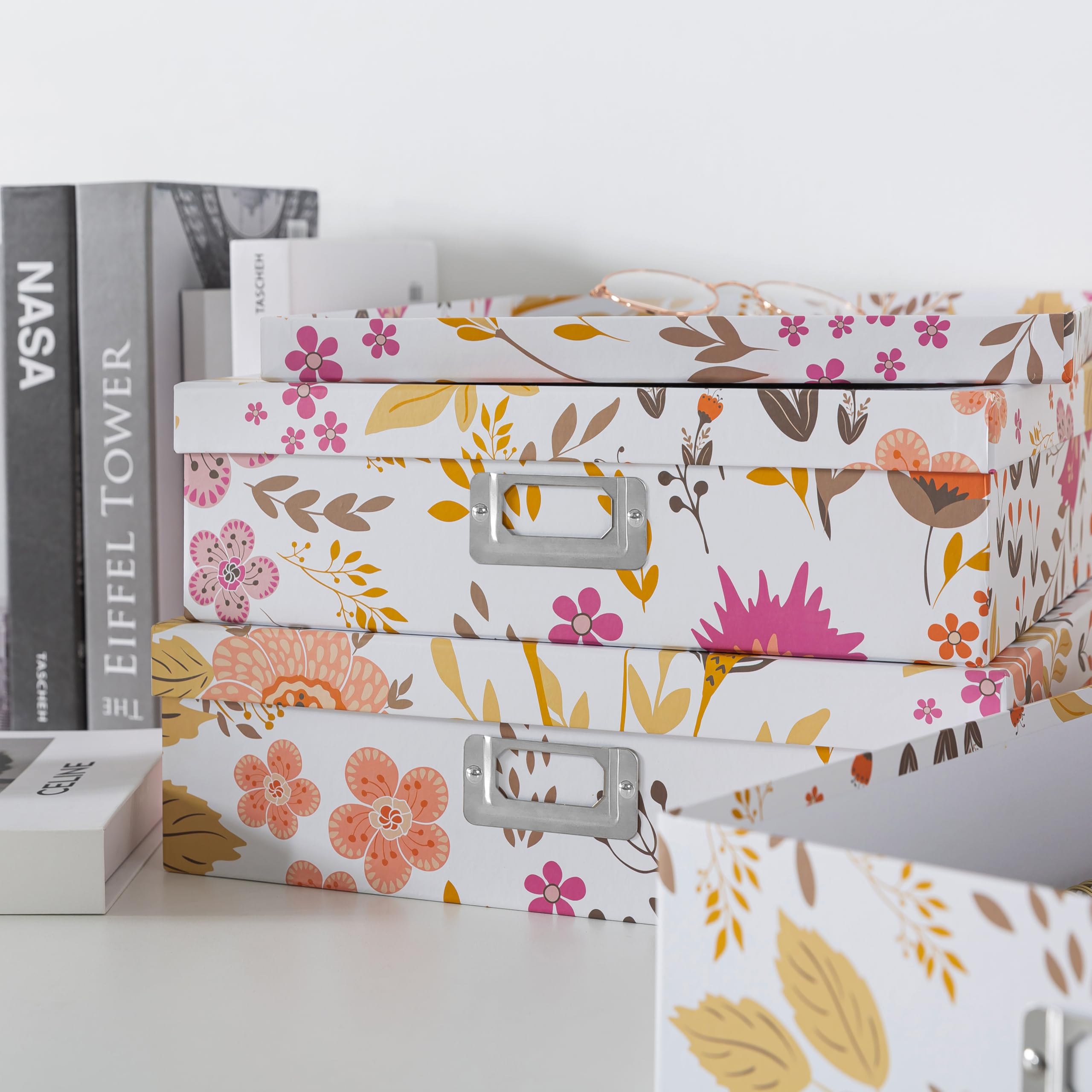 Juego de 3 cajas de cartón decorativas para collage floral con tapas, para recuerdos y fotos, almacenamiento de cartas para documentos, álbumes de recortes, organización 4