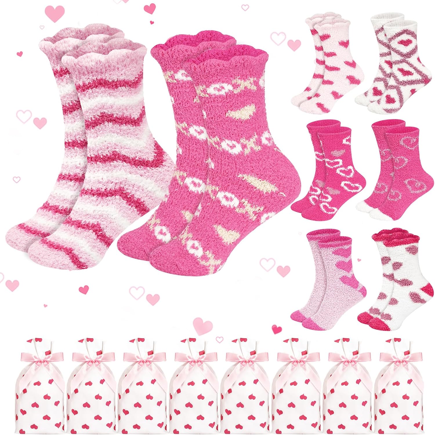 16 Pairs Valentine's Day Fuzzy Socks Pink Sock for Women Bulk Cozy Red Pink Heart Socks Fluffy Galentines Day Gifts Bulk
