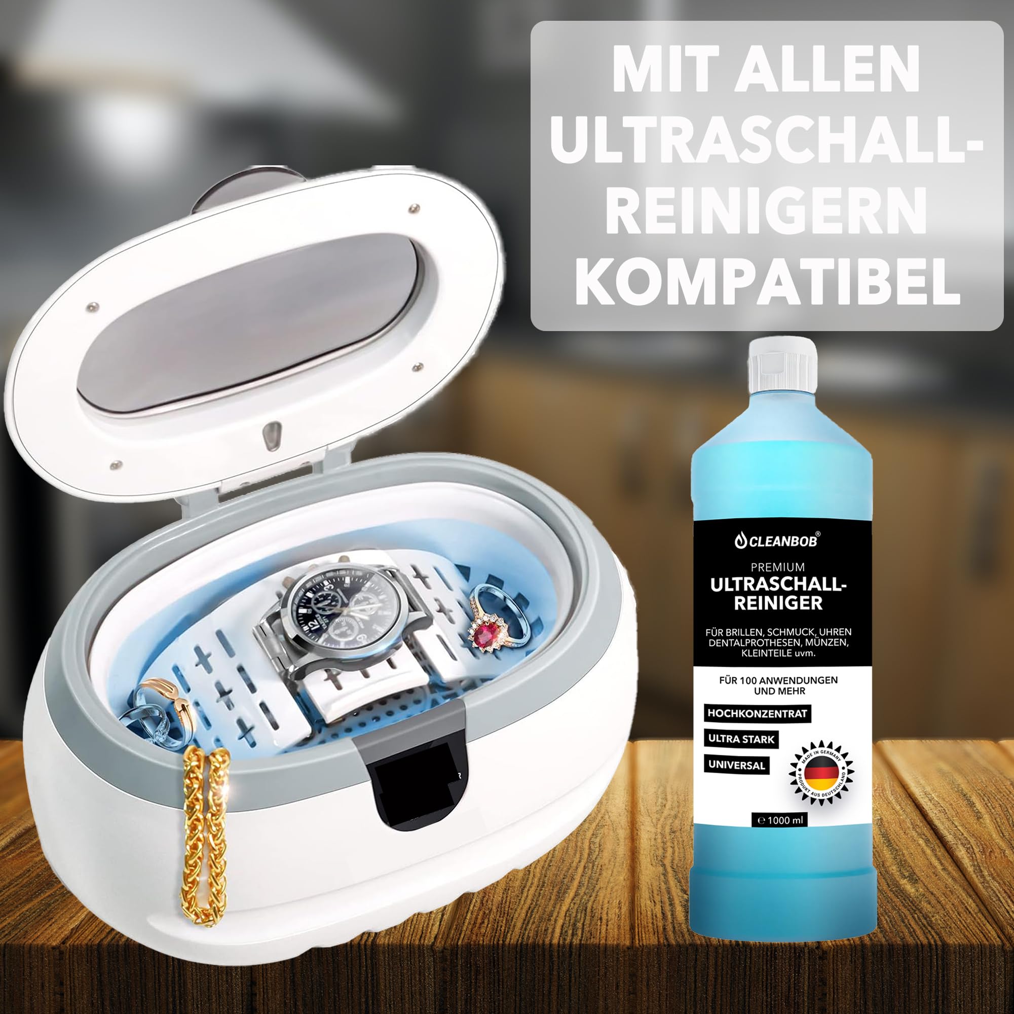 Koncentrat do czyszczenia ultradźwiękowego premium, 1 l, czyszczenie okularów, biżuterii, zegarków, protez, nadaje się do wszystkich urządzeń ultradźwiękowych, środek do czyszczenia srebrnej
