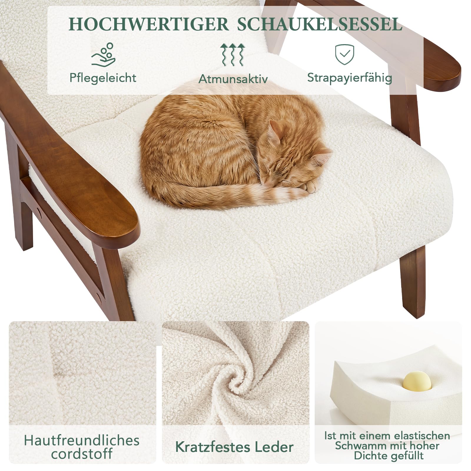 Sessel mit Armlehnen, Loungesessel aus Samt mit Dickem Kissen, Cocktailsessel mit Massiven Holzbeinen, Polstersessel für Wohnzimmer, Schlafzimmer, Aufenthaltsraum, Büro, Elfenbeinweiß