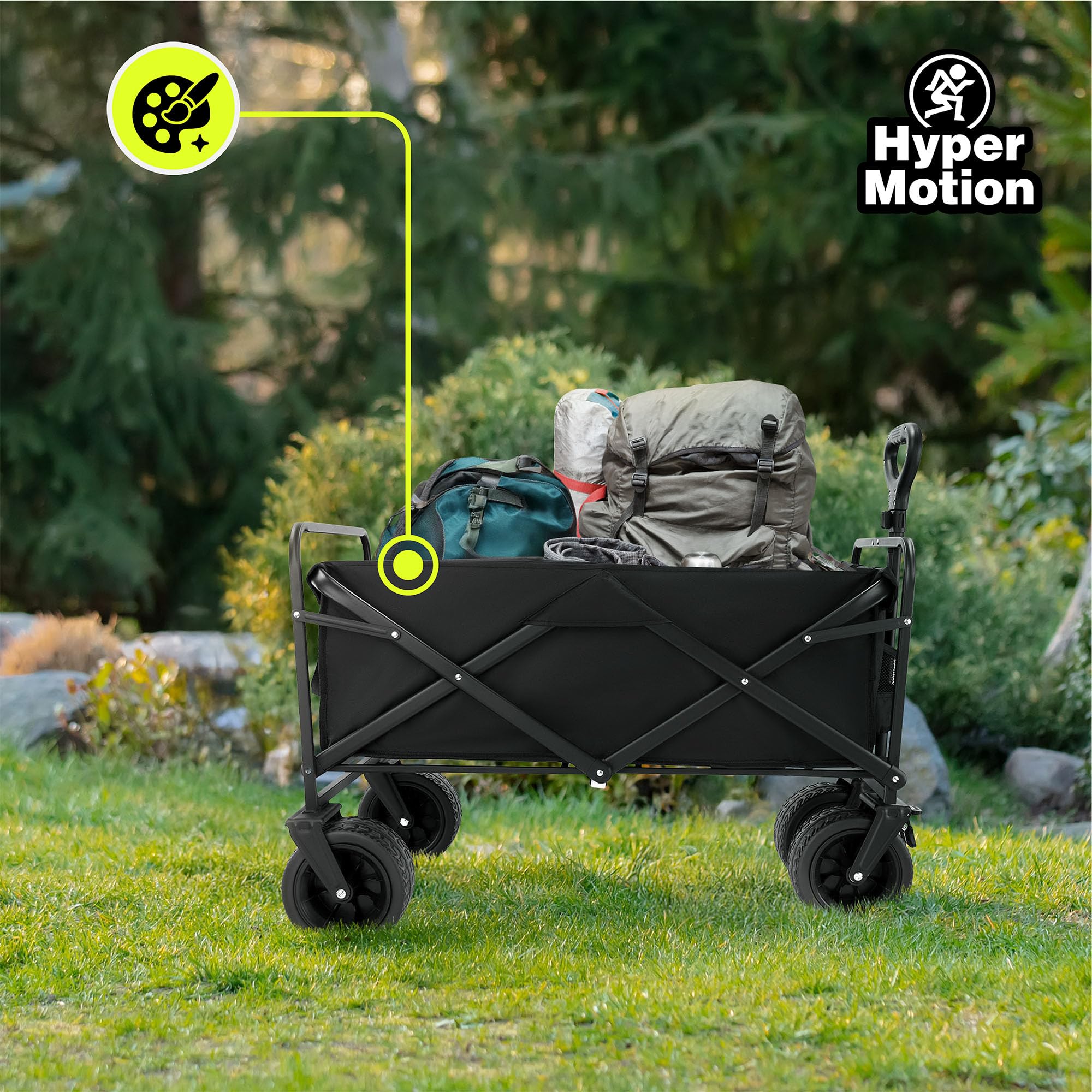 Hypermotion Carrello Spiaggia Pieghevole 100l, Carrellino con Ruote Grandi Girevoli a 360°, Carrello da Giardino 120 kg, Chiusura rapida, Carretto Spiaggia, Resistente agli Agenti Atmosferici