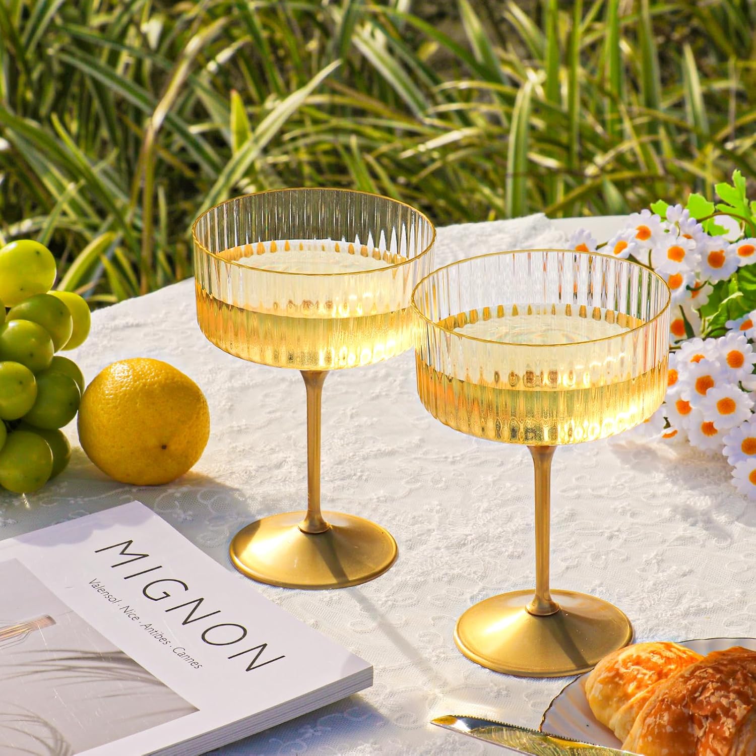 12 PCS Ribbed Coupe Glasses with Gold Stem Clear Plastic Champagne Coupe Cup 10oz Detachable Gold Rim Espresso Martini Glass Vintage Margarita Glassware Cocktail Glass for Christmas - Image 4