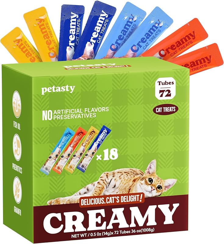 Petisco cremoso para gatos PETASTY em tubo sabor frango, atum e salmão, Pacote com 72 unidades
