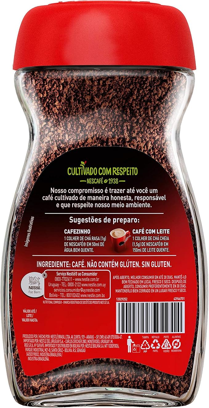 Verso do pote de café Nescafé Tradição Forte com informações sobre sugestões de preparo, ingredientes e código de barras
