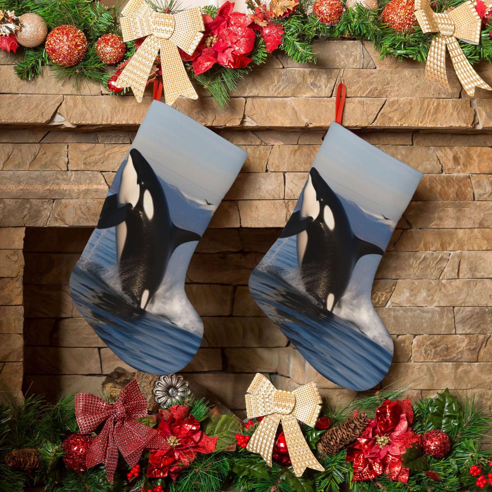 KLOPH Christmas Stockings 18" Personalized Xmas Stocking Killer Whale Decoration Stocking Hanging Fireplace Stocking for Holiday Xmas Tree Christmas Fireplace Decor