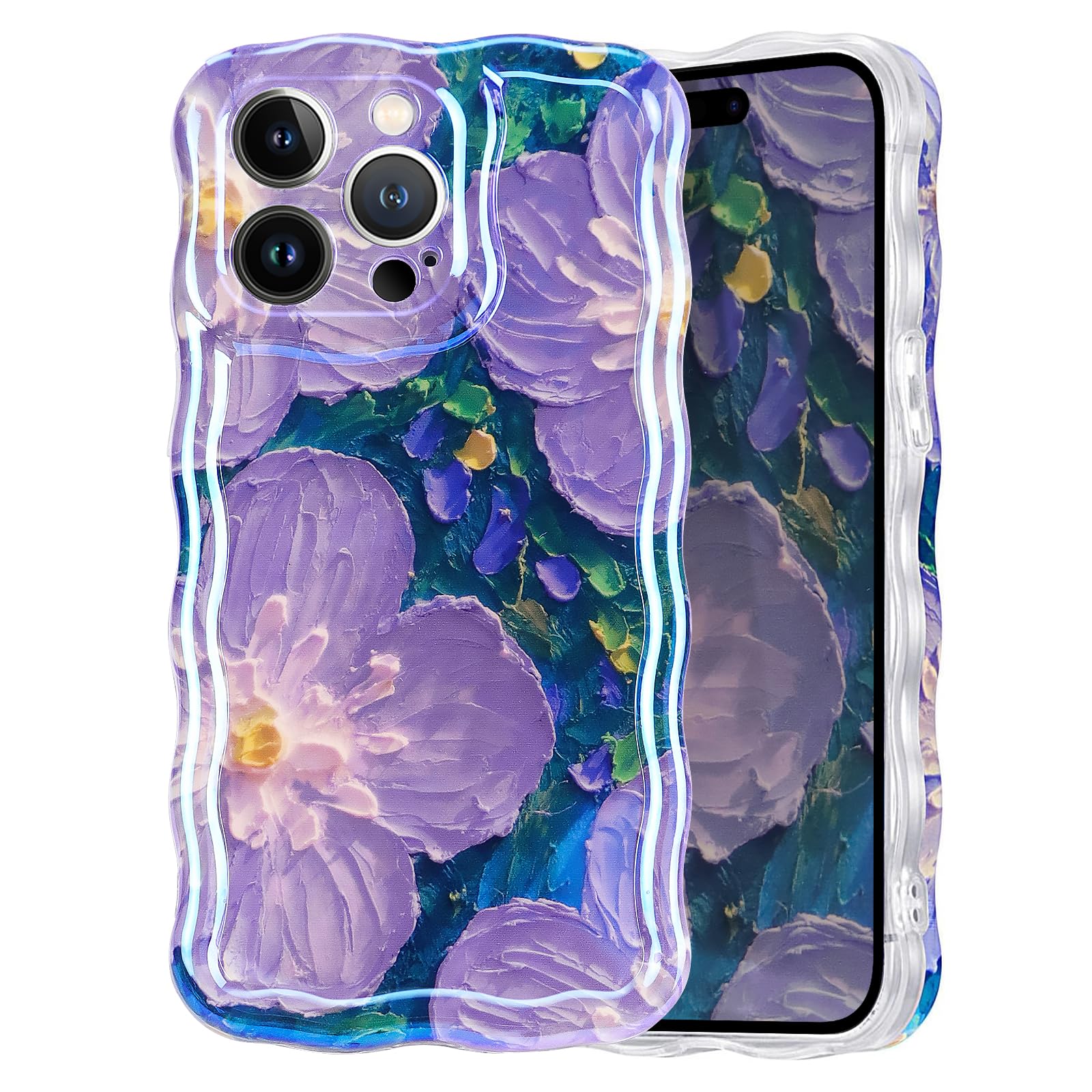 Lovmooful Compatible for iPhone 15 Pro Max Case Cute Colorful Retro Oil Painting Flower Floral with Laser Glossy Curly Wave for Girls Women Soft TPU