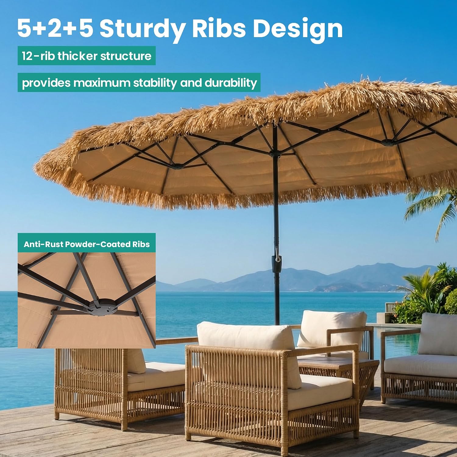 SUNBURY 9/10/13FT 2-Tier Wind-Resistant Tiki Umbrella with 8 Ribs,Extra Wide Hawaiian Patio Shade with UPF50+