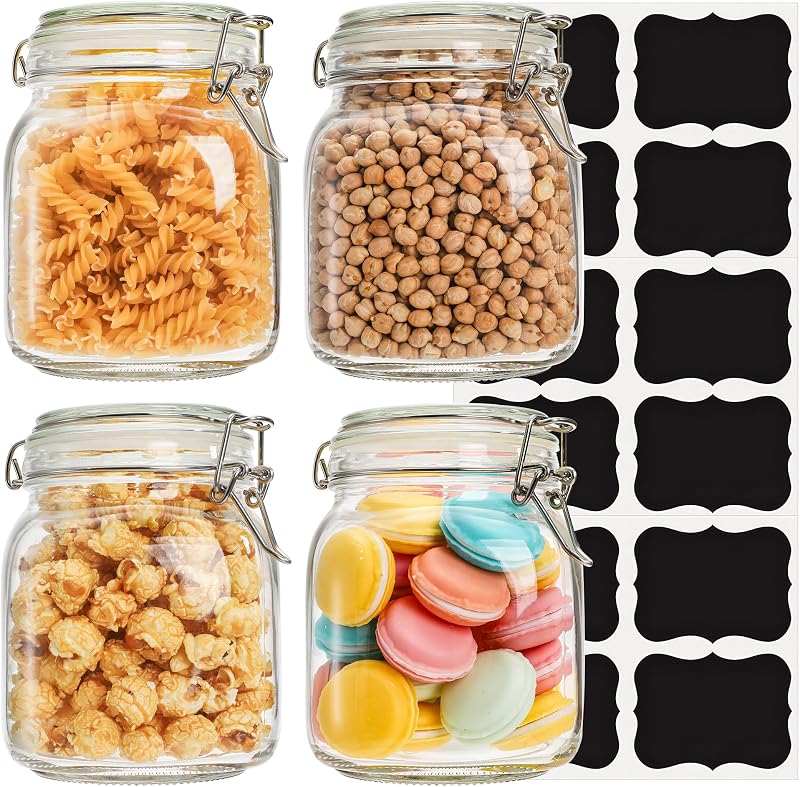 Juego de 4 botes de vidrio, frascos con tapa hermética con abrazadera de 34 oz | Incluye 12 etiquetas de pizarra. Frascos de almacenamiento de vidrio sin plomo para masa madre, decapado y organización de despensa