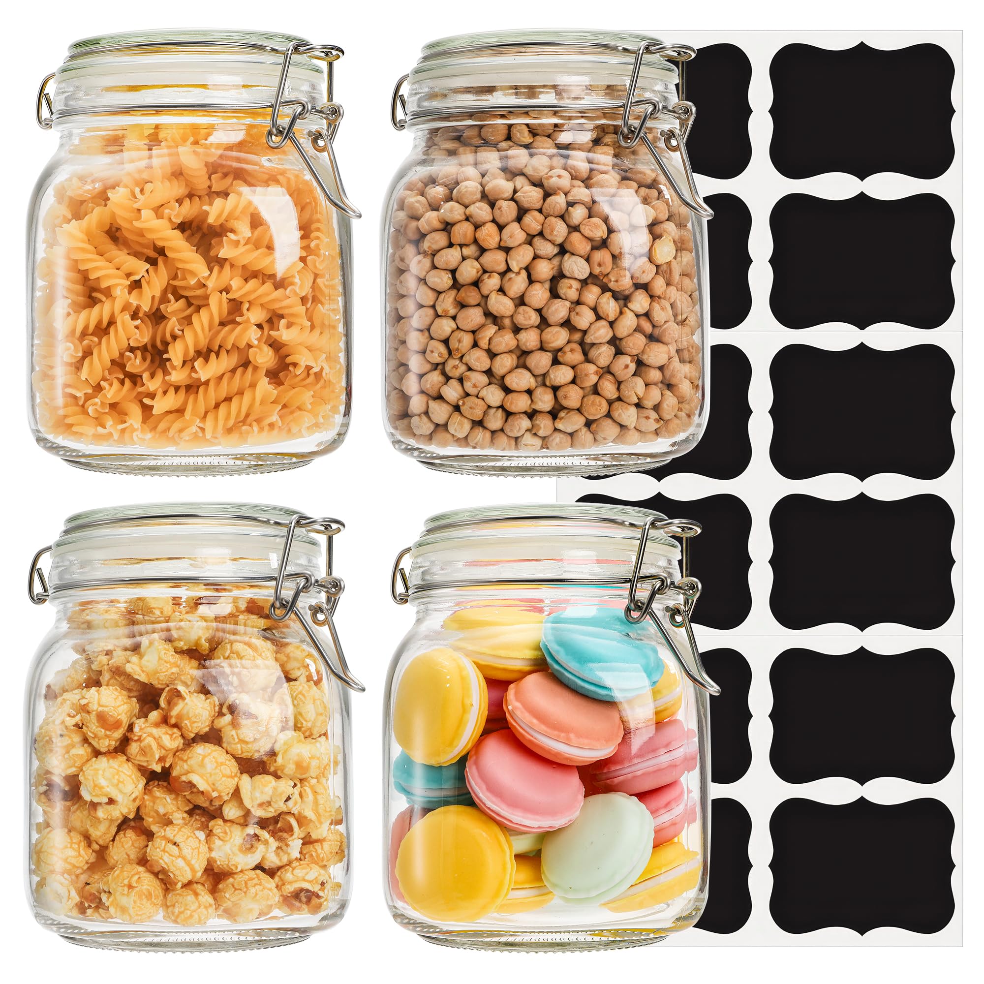 Large 34 oz Glass Storage Jars (Approx. 1 Liter), 4 Pack Airtight Clamp Lid Canisters with Wide Mouth for Pantry Organization, Dry Food Storage, Pickling & Fermentation