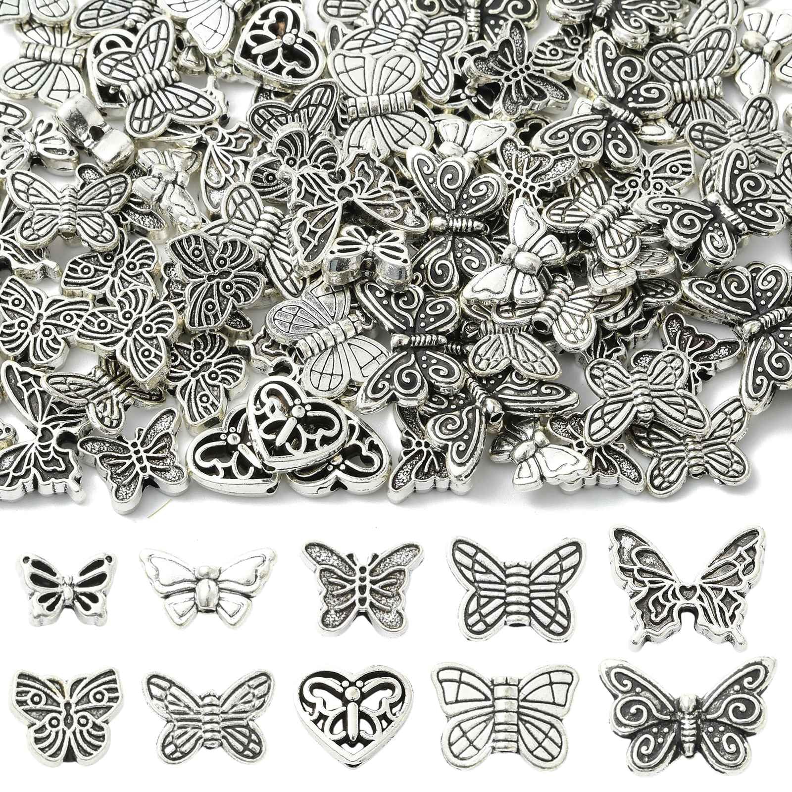 Stiesy 100Pcs Antique Silver Butterfly Beads Vintage Spacer Bead Tibetan Animal Craft Beads Bulk for DIY Gothic Punk Bracelet Earring Necklace Jewelry Making (10 Styles)