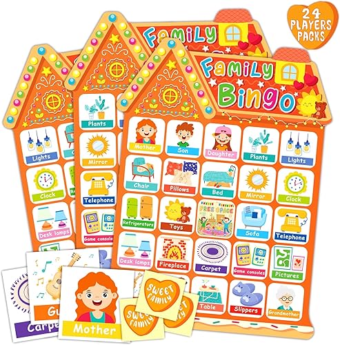 Juego de bingo familiar para 24 jugadores, juegos de bingo en casa para juegos de reunión familiar, tarjetas de bingo para niños, actividades
