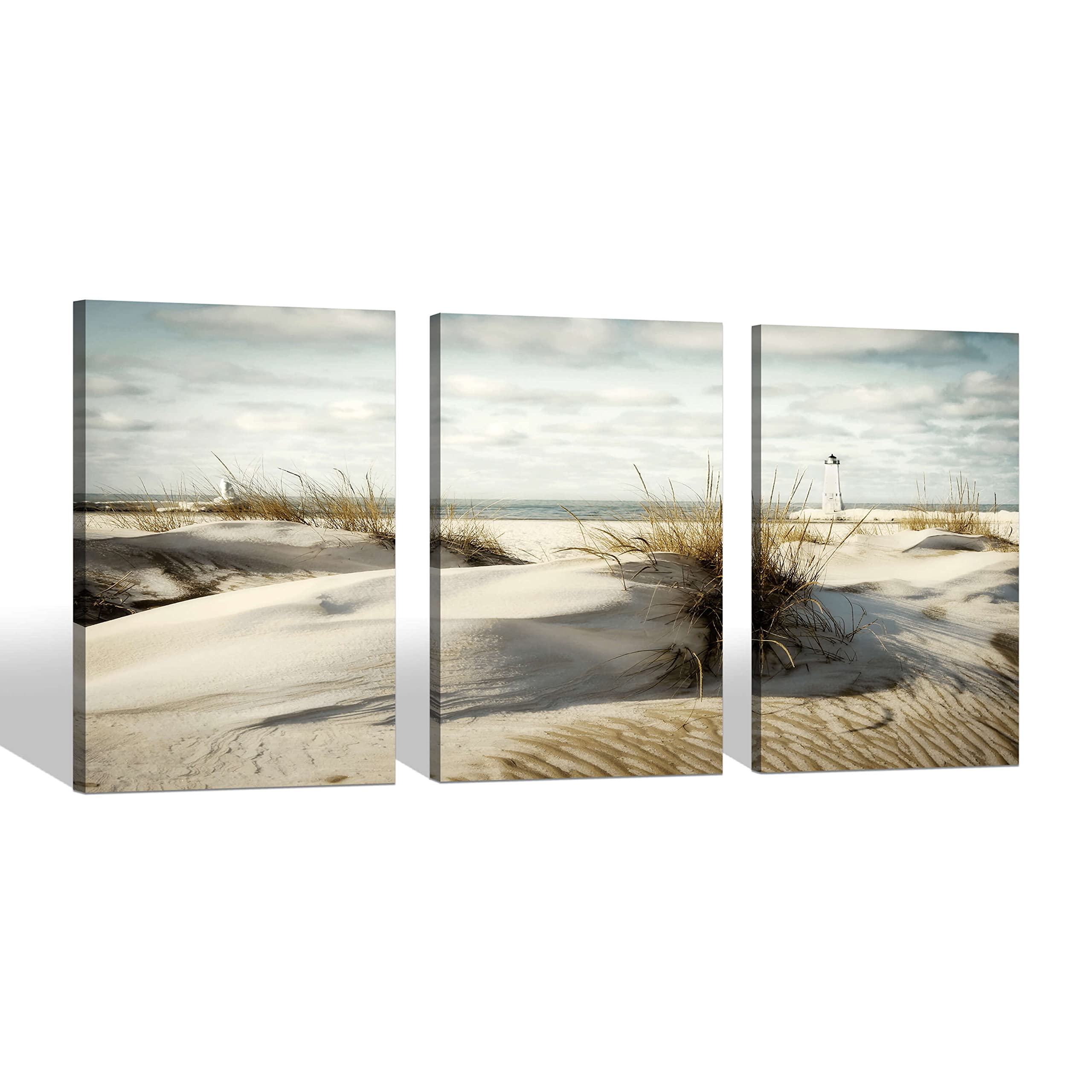Photo 1 of Beach Canvas Wall Art: 3 Panel Coastal Seaside Dune Picture Seascape Seagrass Artwork Lighthouse Painting Print for Bedroom (12x16)