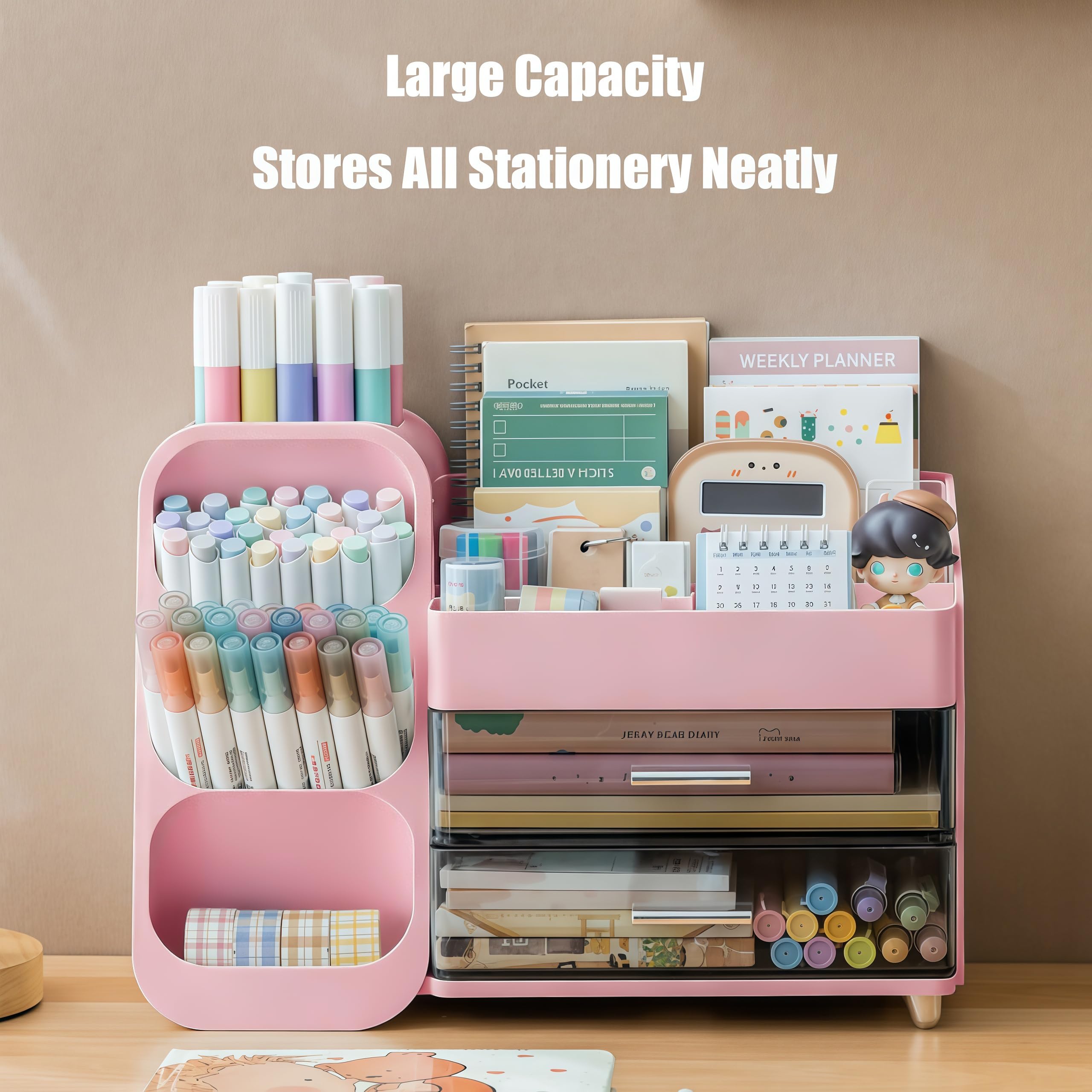 Organizer da scrivania con portapenne, portapenne con 2 cassetti e 4 scomparti, organizer da scrivania e portaoggetti per ufficio, casa, scuola, forniture artistiche (rosa)