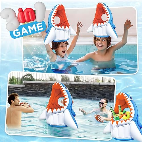 Miniatura 2 de Pool Wave - Juguete inflable 3 en 1 de piscina con forma de tiburón para niños, juego de agua, baloncesto, fútbol y cabeza, flotador de verano al
