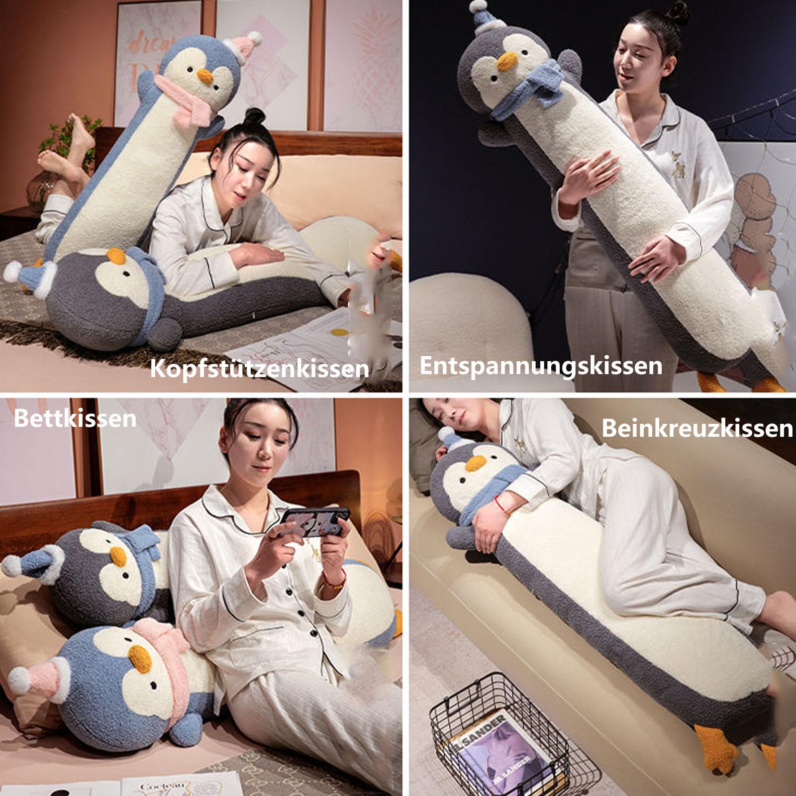 Langer Pinguin Plüsch Kissen,Seitenschläfer Kuscheltier,Plüsch Pinguin Kuscheltier Kissen,Cartoon Weiches Nackenkissen Puppen, Niedliche Schlafkissen Geschenke Für Kinder (120cm,Grau)