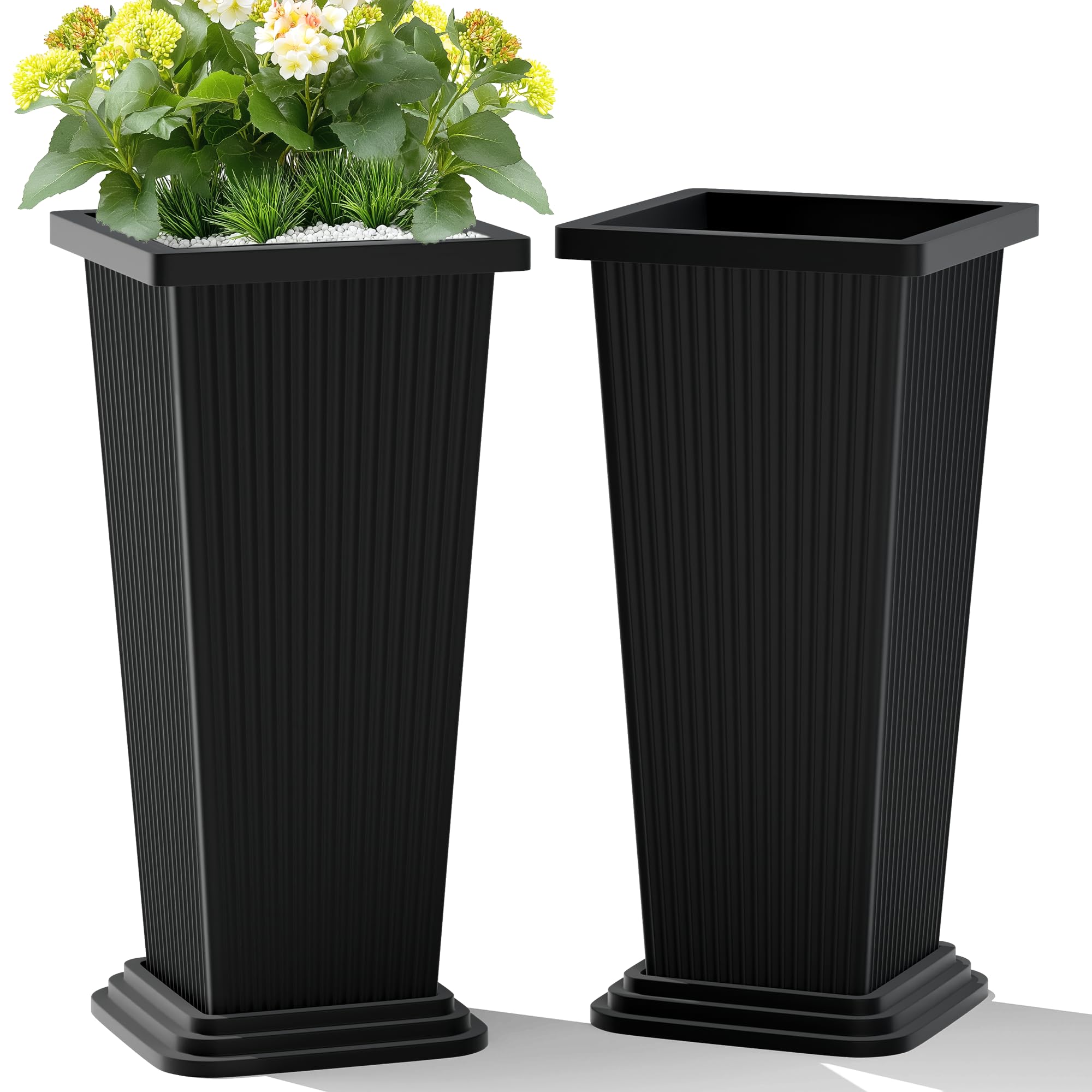 set of 2 large tall planter for indoor or outdoor 24" tall flower pots tapered tall planters with tray for porch, patio, backyard, large planters for outdoor indoor plants(black,striped)