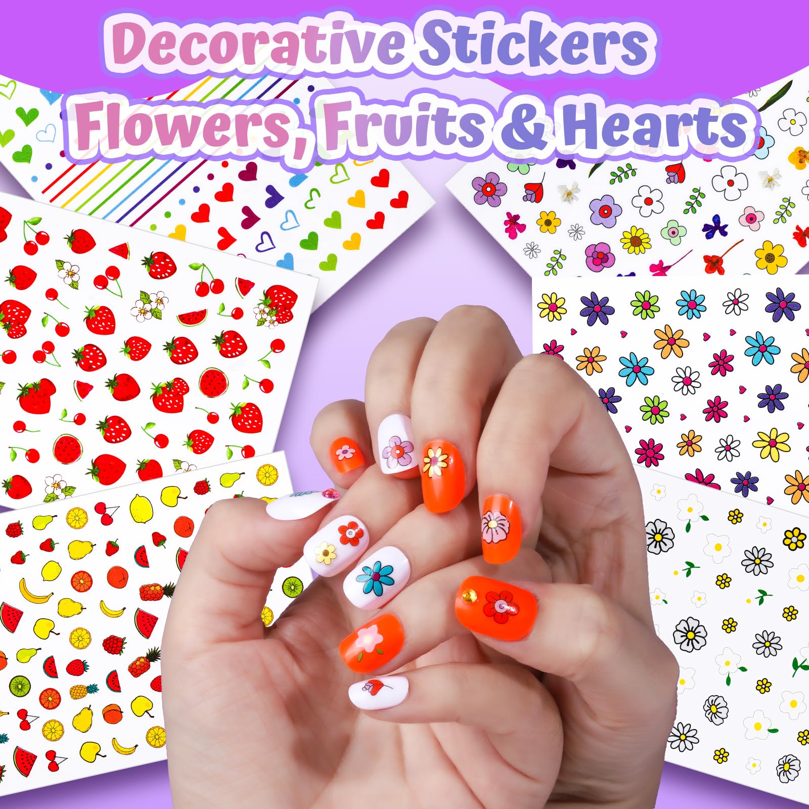 Uñas a presión para niñas, 12 estilos de uñas a presión para niños, 6 hojas de calcomanías de uñas con forma de corazón y frutas para niños, calcomanías de diamantes de imitación 3D, gemas de 3