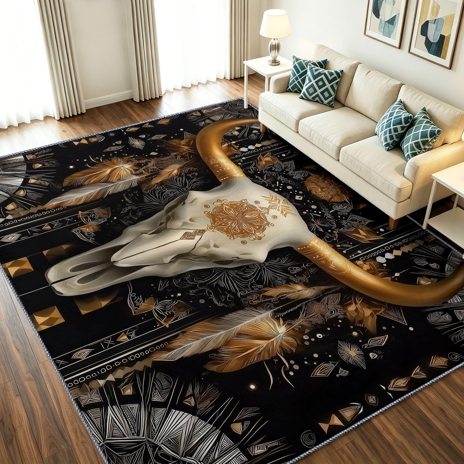 Tapis tribal noir 60x110 pour salon et chambre avec motif crâne