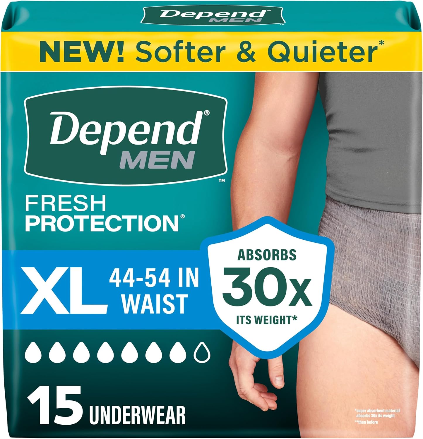 Depend Fresh Protection Adult Diapers, Incontinence Underwear for Men, Disposable, Maximum, Extra-Large, Grey, 15 Count, Packaging May Vary
