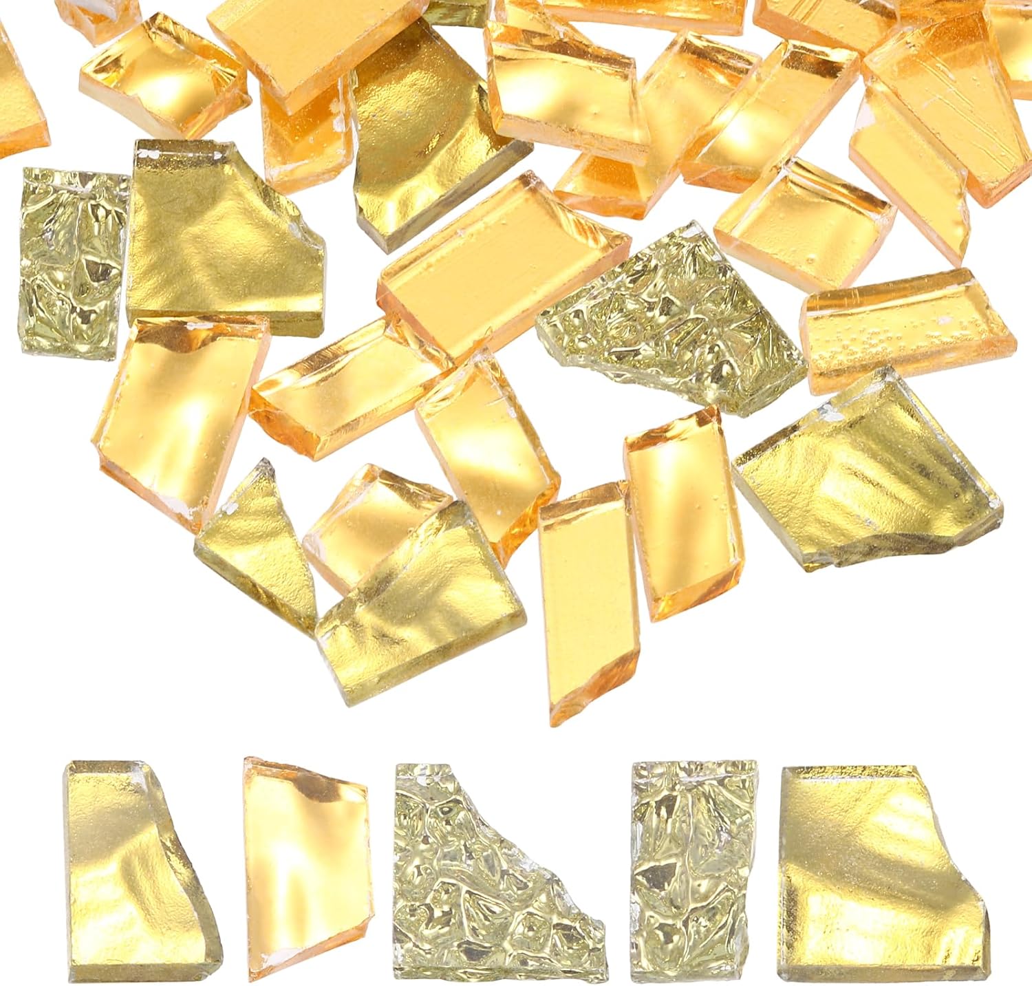 MECCANIXITY Irregular Glass Mosaic Tiles, 500g/1.1LB Irregular Stained Glass Sheets Broken Mosaic Pieces Tiles Supplies Kit Bulk for DIY Art Craft Making Home Decor, Gold Series