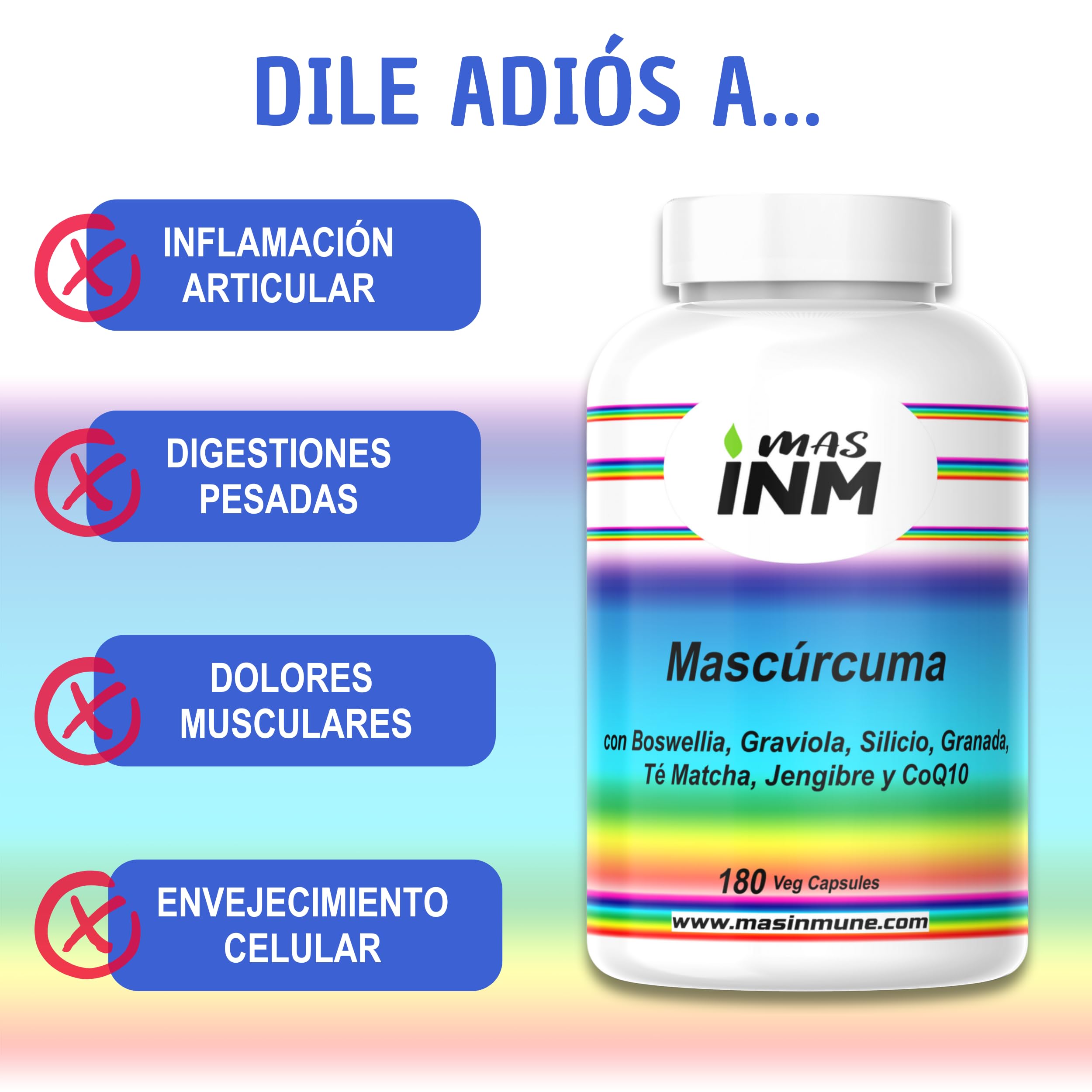Mascúrcuma – suplemento antiinflamatorio natural con curcumina 95 % – boswellia serrata – jengibre – graviola – granada – té matcha – coenzima Q10 – silicio orgánico – 180 cápsulas vegano – Masinmune