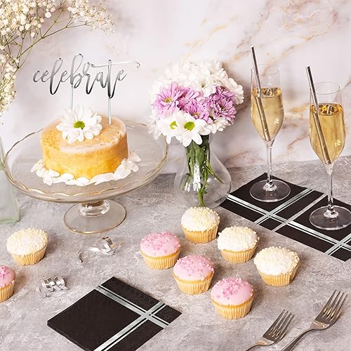 Miniatura 4 de Servilletas de cóctel plateadas sobre negro, paquete de 100, 5 x 5 pulgadas, papel de 3 capas, nombre del estilo Blissful Crossing