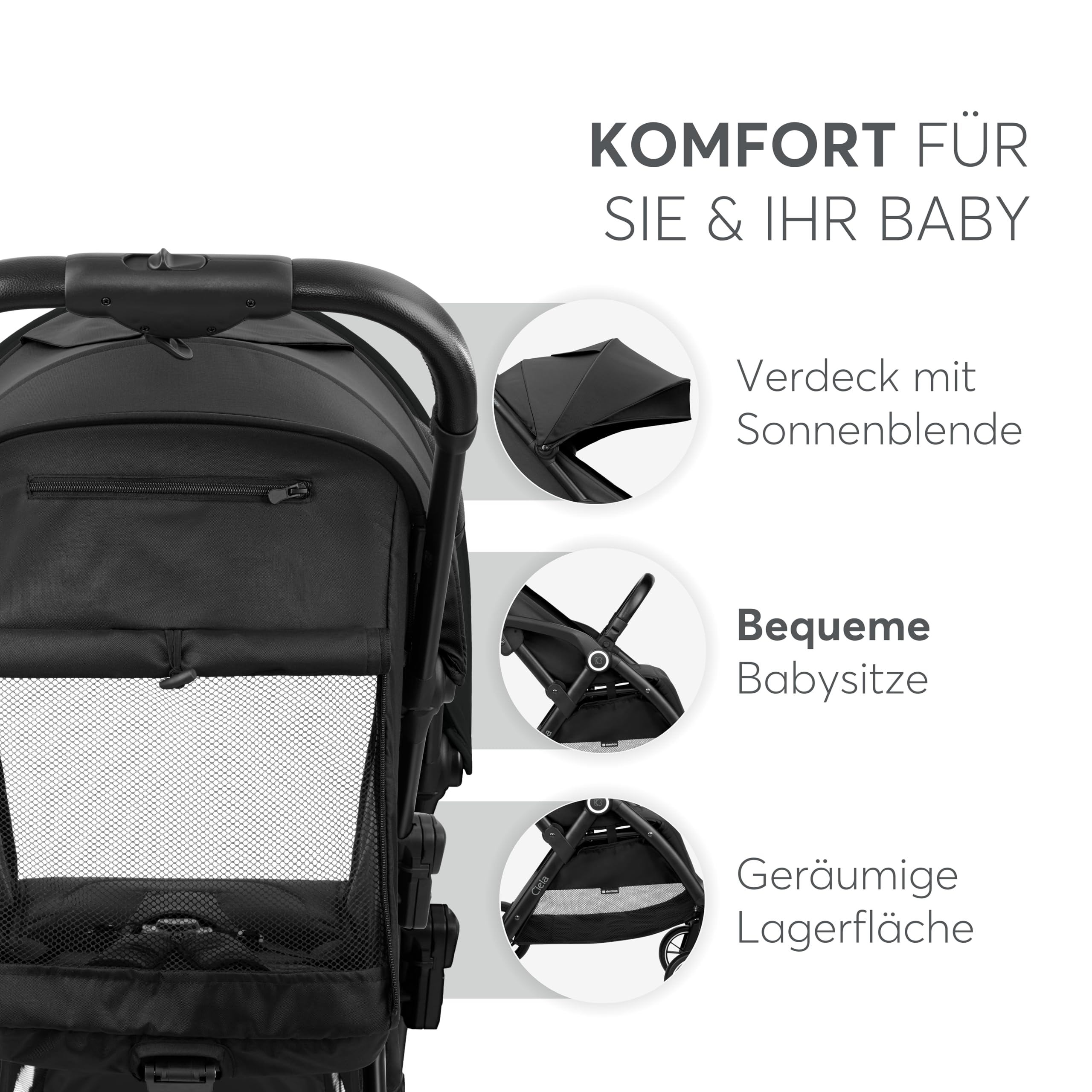 KikkaBoo Buggy Kinderwagen Reisebuggy CIELA, Bis 22 kg, Leicht (7,1 kg), One-Hand-Faltbar, Atmungsaktiv & Wasserabweisend, Inkl. Regenschutz, Schwarz