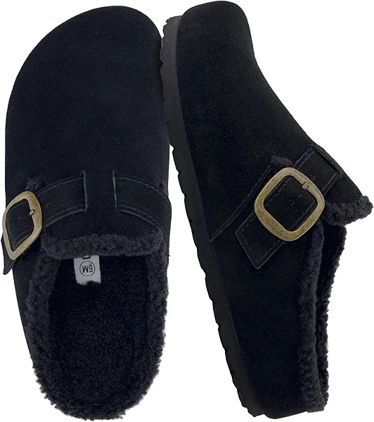 CUSHIONAIRE Haven Genuine Leather Clogs for Women – Faux Fur Lined Slip-On Womens Shoes with Cork Footbed and Adjustable Buckle
