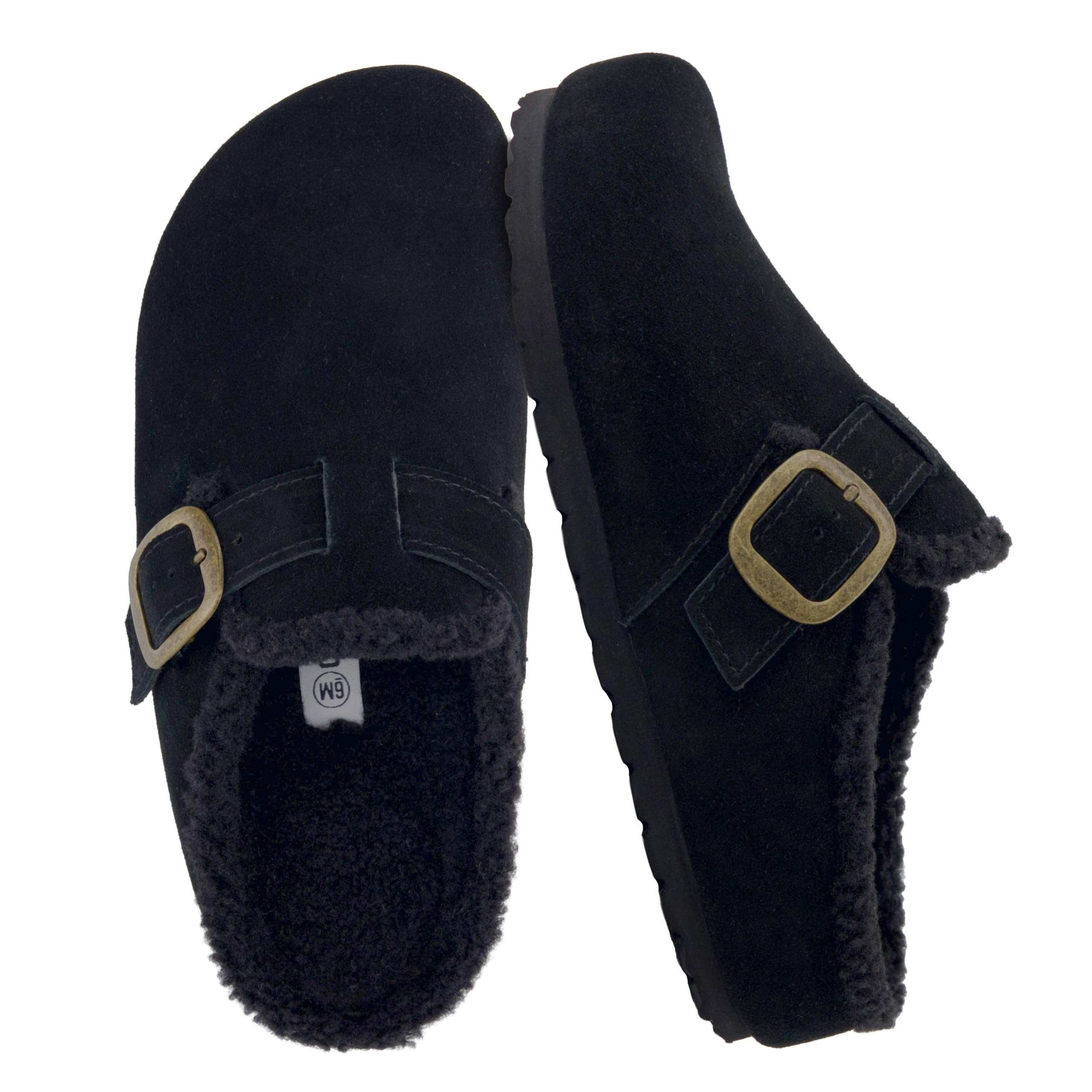 CUSHIONAIRE Haven Genuine Leather Clogs for Women Faux Fur Lined Slip-On Womens Shoes with Cork Footbed and Adjustable