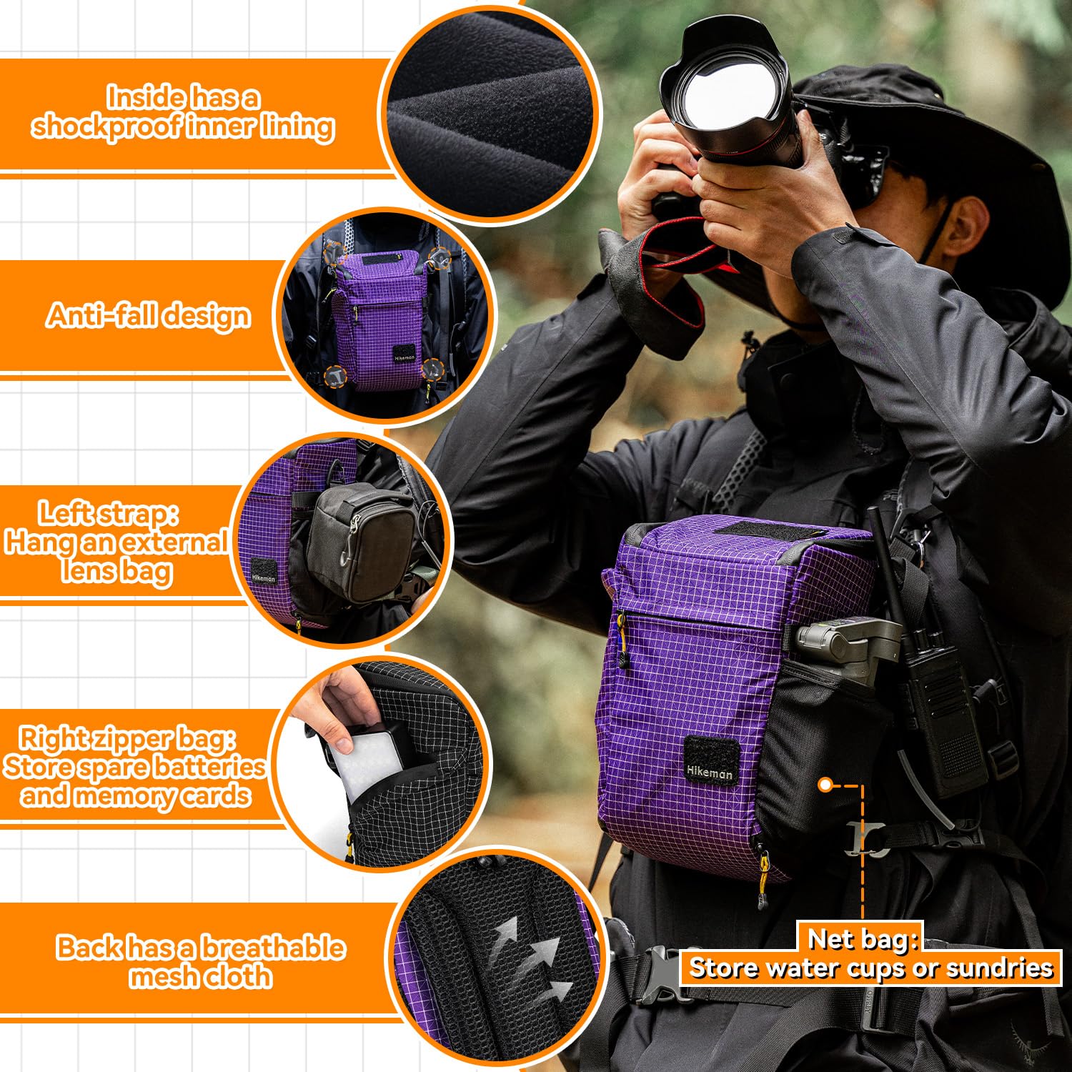 HIKEMAN Borsa a tracolla per fotocamera, impermeabile, antiurto, tracolla staccabile per uso quotidiano, attività all'aperto, viaggi, alpinismo, Nero , 26 * 13 * 16 cm, Per esterni