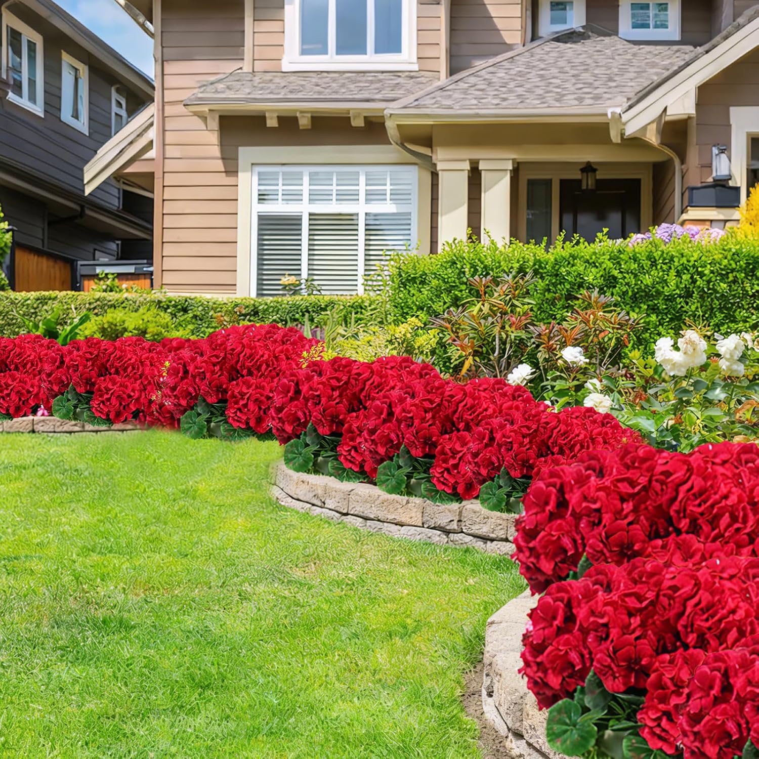 Outdoor Artificial Flowers Red 6 Bundles: Maintenance-Free, Near-Identical to Natural Counterparts, Long-Lasting Vivid Color Retention for Months, UV-Resistant