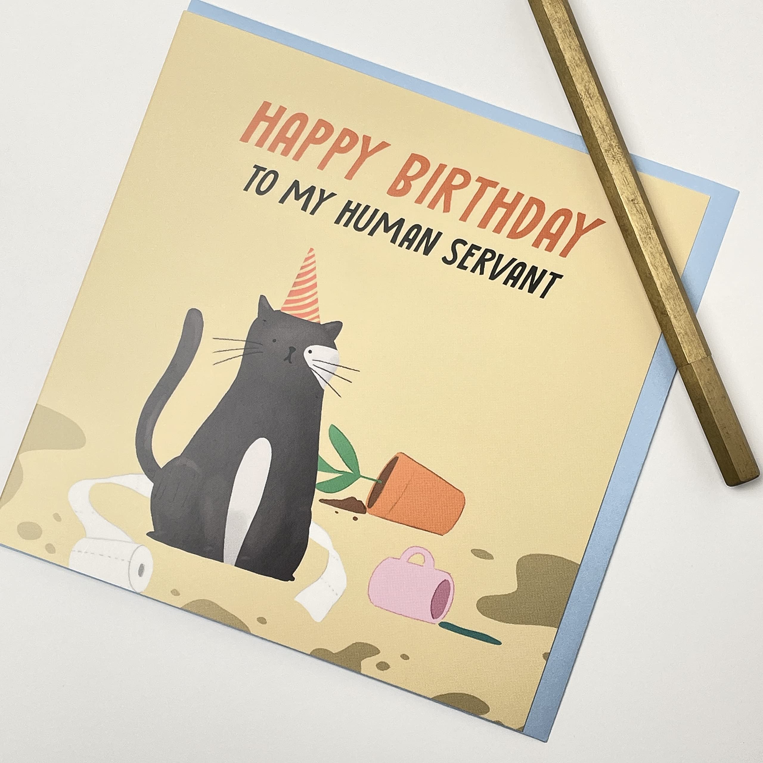 Old English Co. Geburtstagskarte 'Happy Birthday To My Human Servant' - Lustige Katzen-Karte, Leer Innen - Für Männer & Frauen