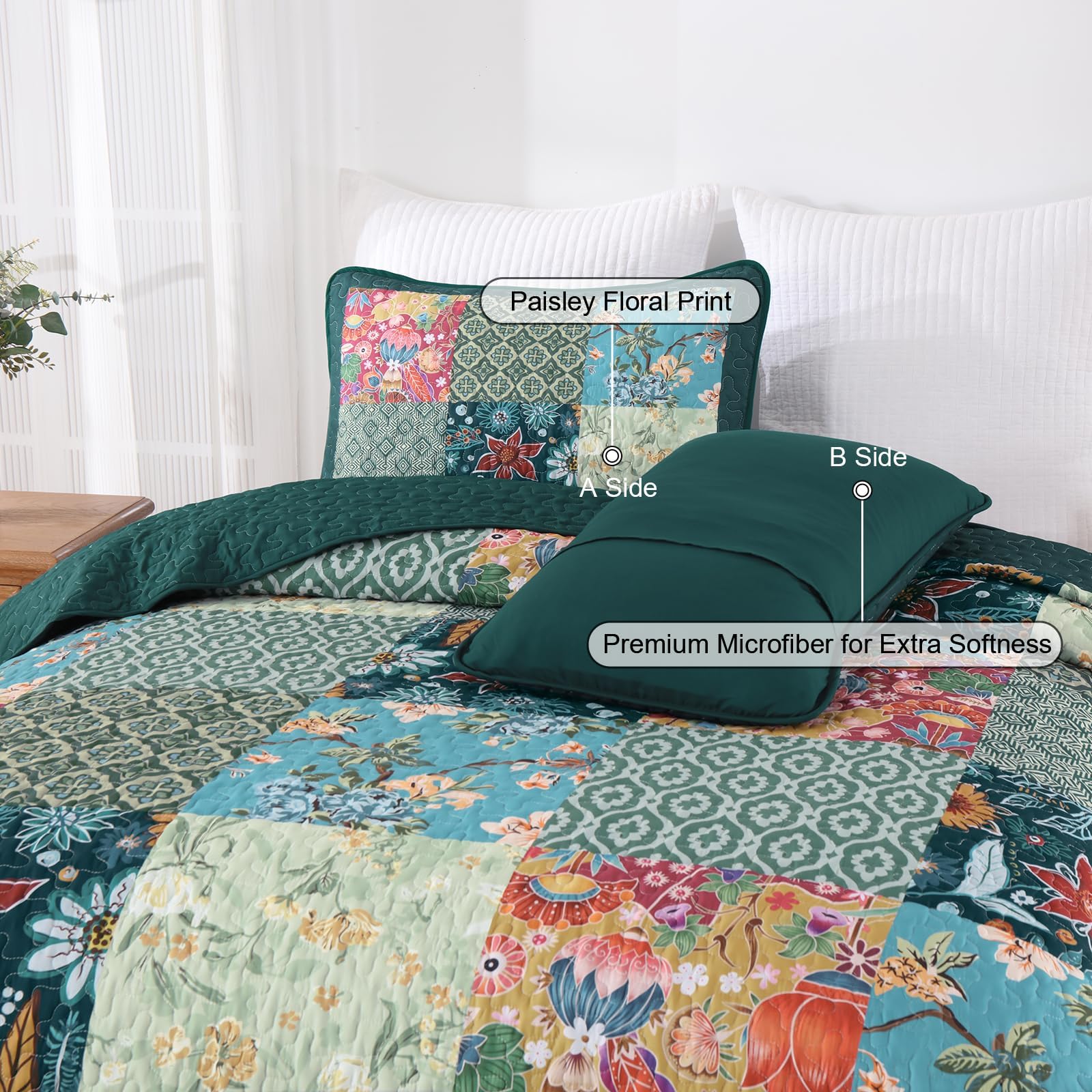 DJY Patchwork-Steppdecken-Set für King-Size-Betten, 3-teilig, grün, kariert, florales Muster, Boho-Türkis, rustikal, leicht, wendbar, für alle Jahreszeiten, 274 x 228 cm