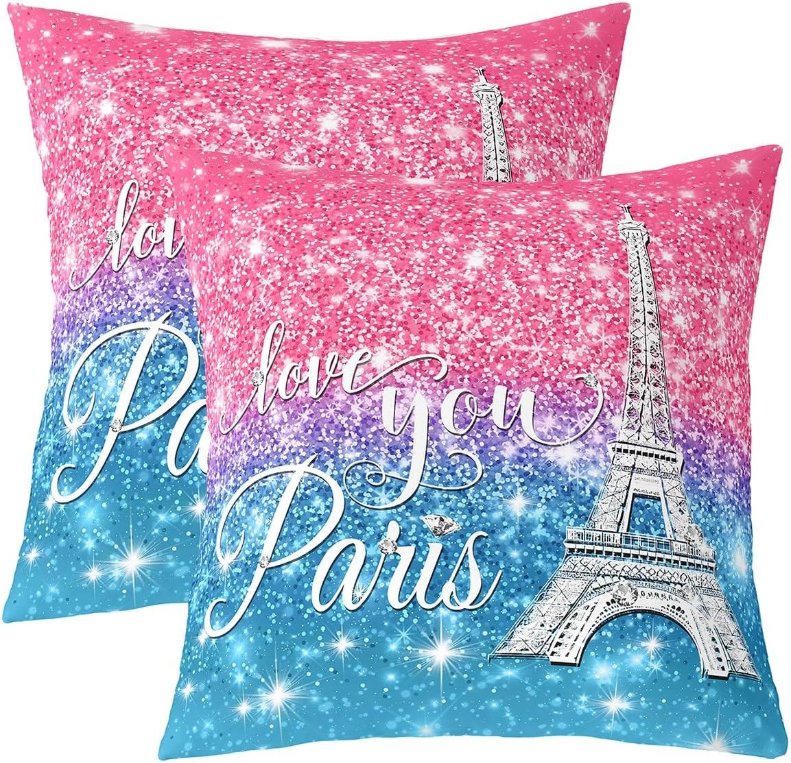 Erosebridal Paris Pillow Covers 22x22 Set of 2 for Girls Women,Pink Blue Sparkle Eiffel Tower Throw Pillow Covers,Gradient Diamond Cushion Cases,Girly Sequins Accent Pillow Cases Home Room Decor