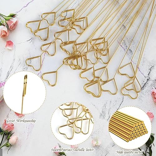 Miniatura 3 de CCINEE 30 piezas de alambre de metal floral titular de la tarjeta de 13 pulgadas de corazón dorado floral púas foto memo titular de coche para boda