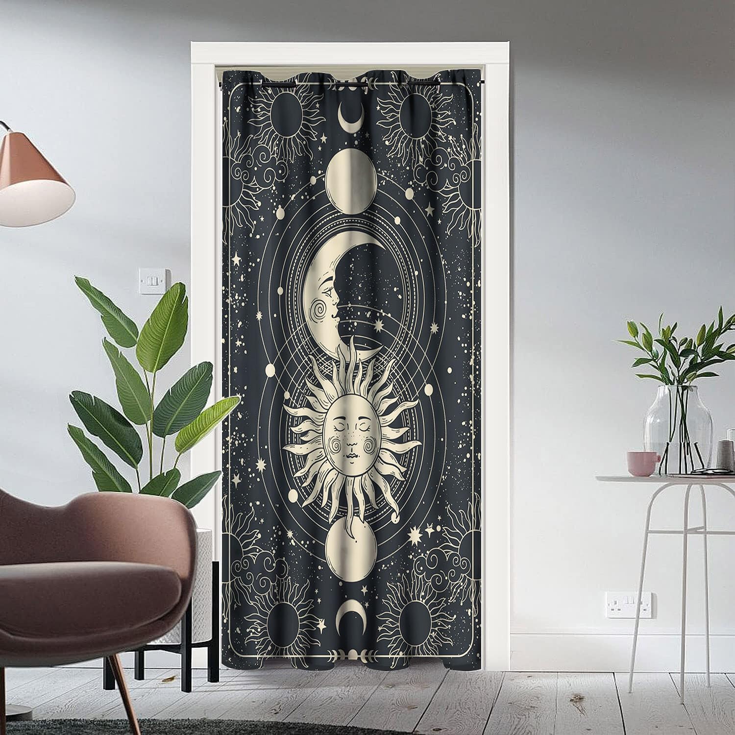 Llylumty Sun Moon Face Door Curtain for Doorway Privacy Boho Crescent Moon Tarot Card Magic Golden Sun Eyes Stars Blackout Door Drapes for Women Room