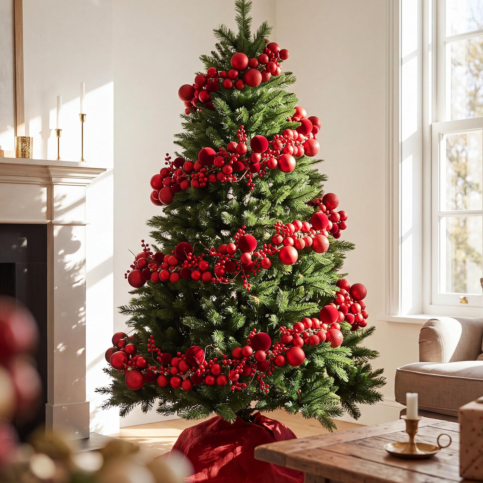 Yunlly Weihnachtsgirlande mit roten Beeren, 2,4 m x 2,1 m, Burgunderrot, 2 Stück
