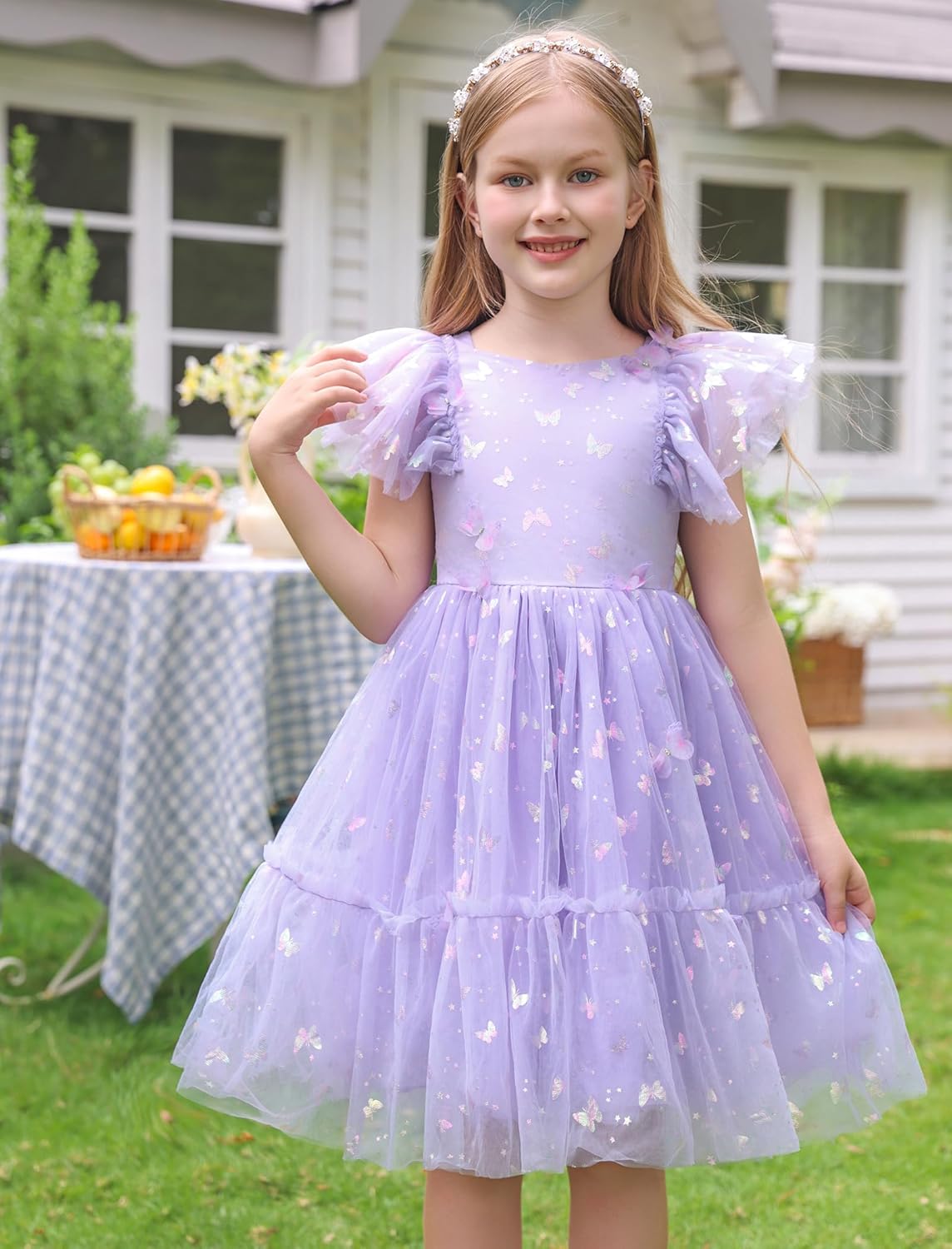 IMEKIS Toddler Kids Girls Butterfly Dress Sparkle Tulle Ruffle Sleeve Wedding Formal Birthday Pageant Dresses 3-12T - Image 2