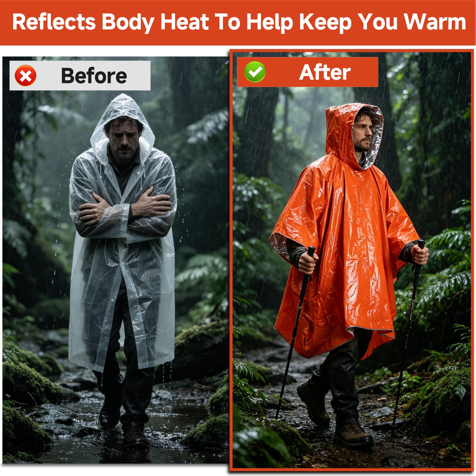 4 Piezas Poncho de Supervivencia, para Camping, Senderismo, Viajes y Primeros Auxilios, Manta Térmica de Emergencia Impermeable y Reversible con Capucha, Retiene el Calor