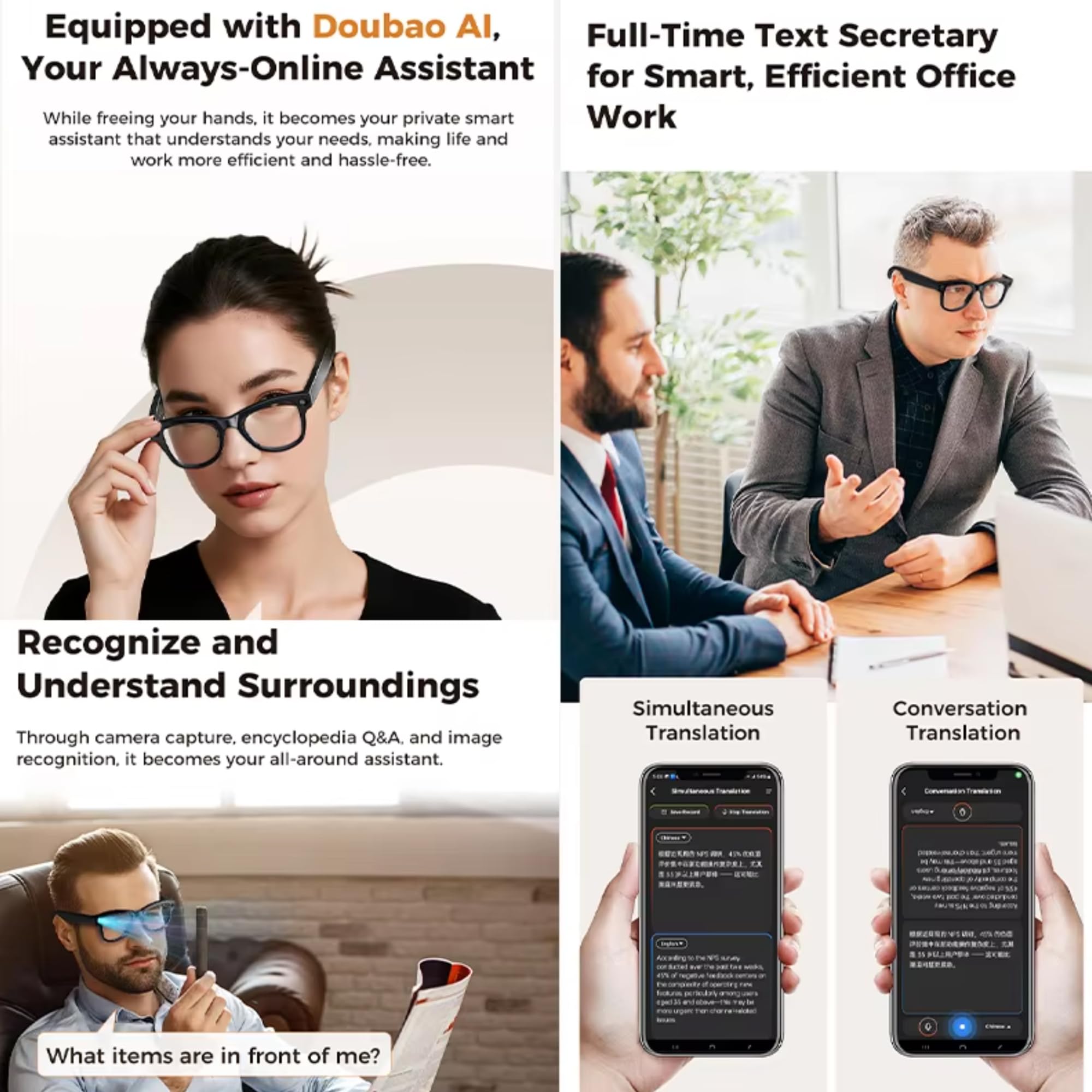 AI Smart Glasses - 4K/8MP Anti-Shake Cam, Bluetooth Chiamate, Registrazione video, Traduzione in tempo reale/Riconoscimento GPT, 290mAh, 3000mAh Custodia di ricarica (include lenti trasparenti
