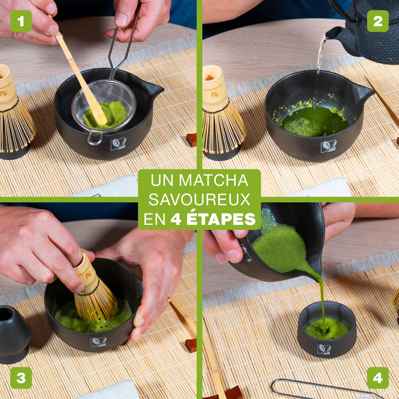 Kit Matcha | Complet, 9 accessoires | Bol, Tasses, Tamis, Fouet en bambou, Support fouet, Cuillère, Support cuillère, Serviette | Coffret cadeau, tradition Japonaise | Qualité Supérieure